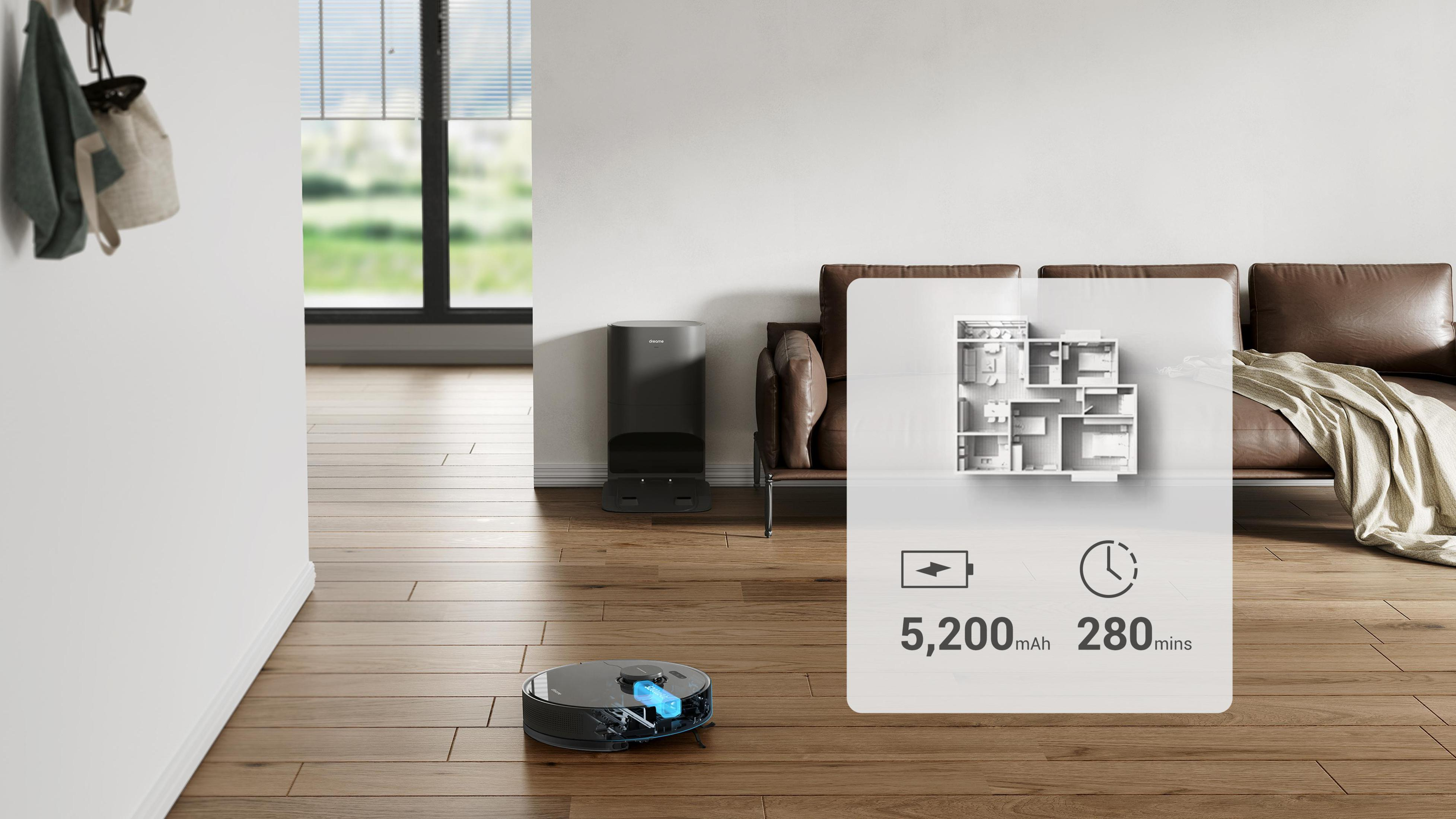 Robot odkurzający czyszczący drewnianą podłogę w salonie. Infografika pokazuje baterię i czas.