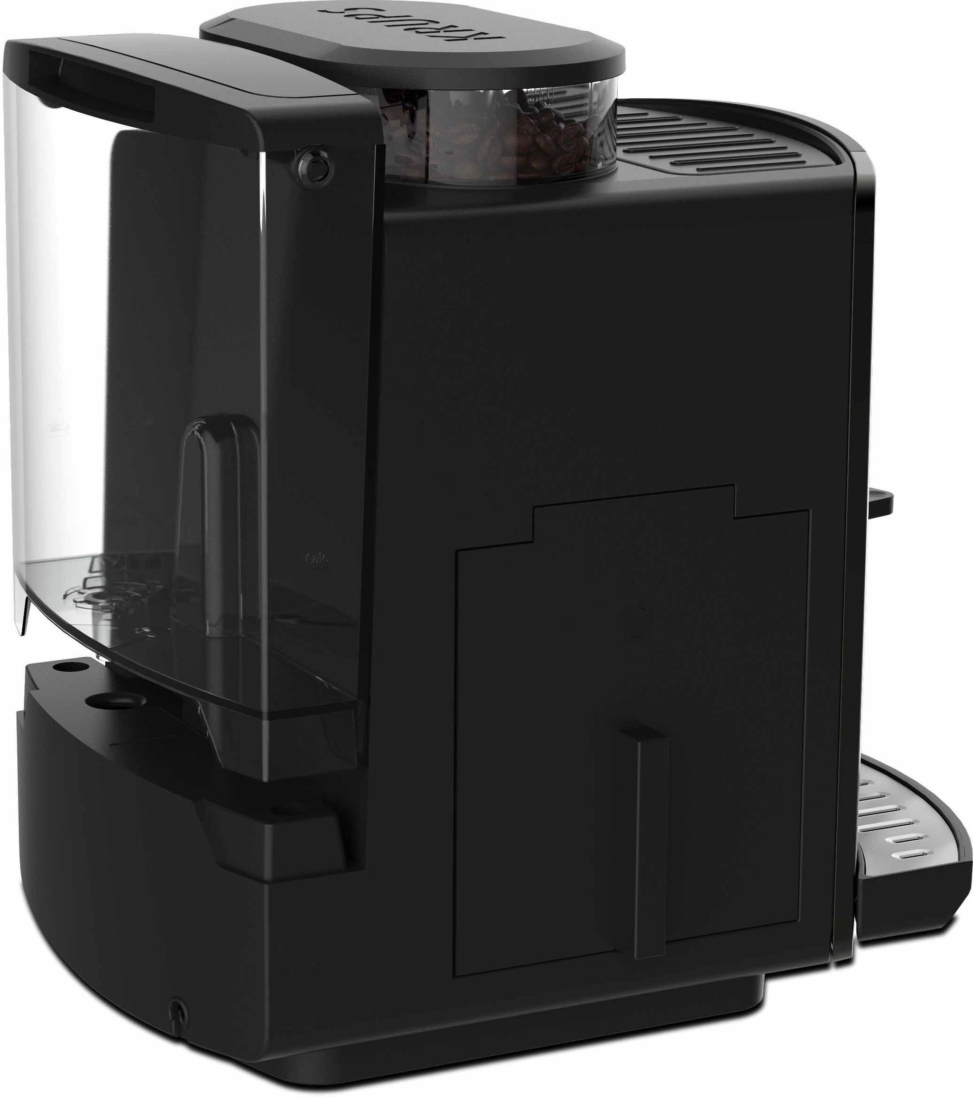 Macchina da caffè nera, con un serbatoio dell'acqua trasparente sul lato sinistro.