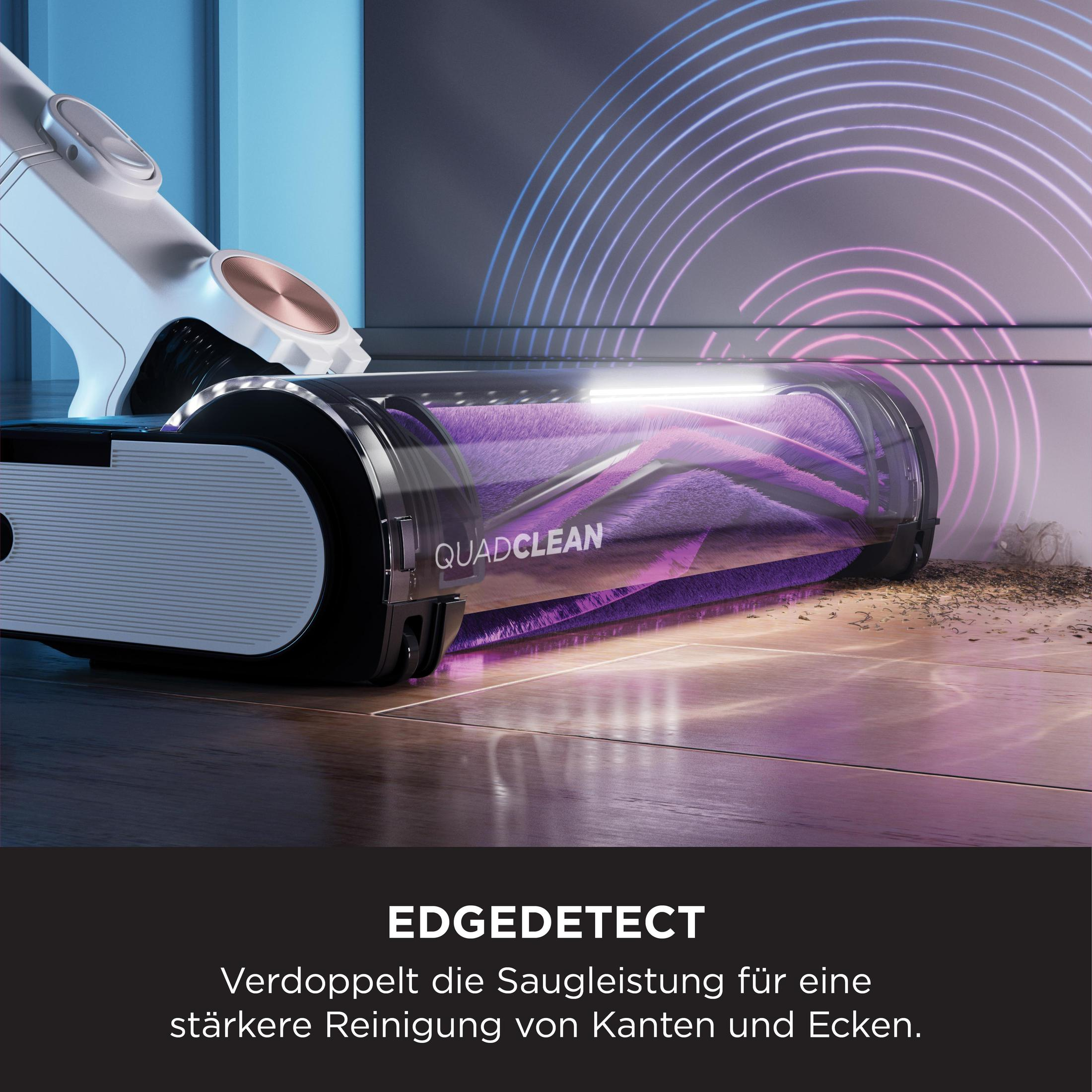 Ein Staubsauger reinigt einen Boden. Bild zeigt die Kantenerkennungsfunktion und es wird violettes Licht verwendet.