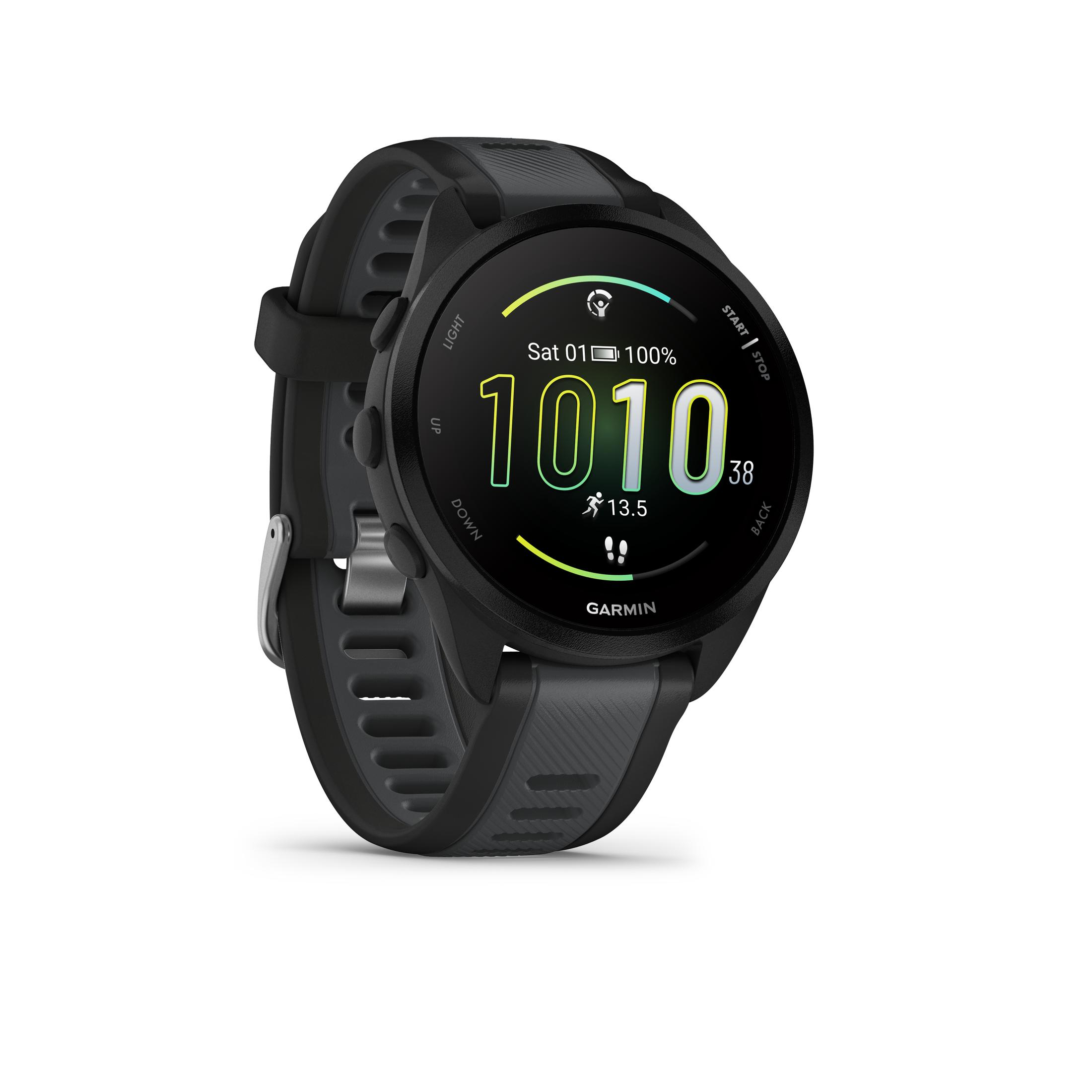 Reloj Garmin negro con pantalla digital que muestra hora y estadísticas.