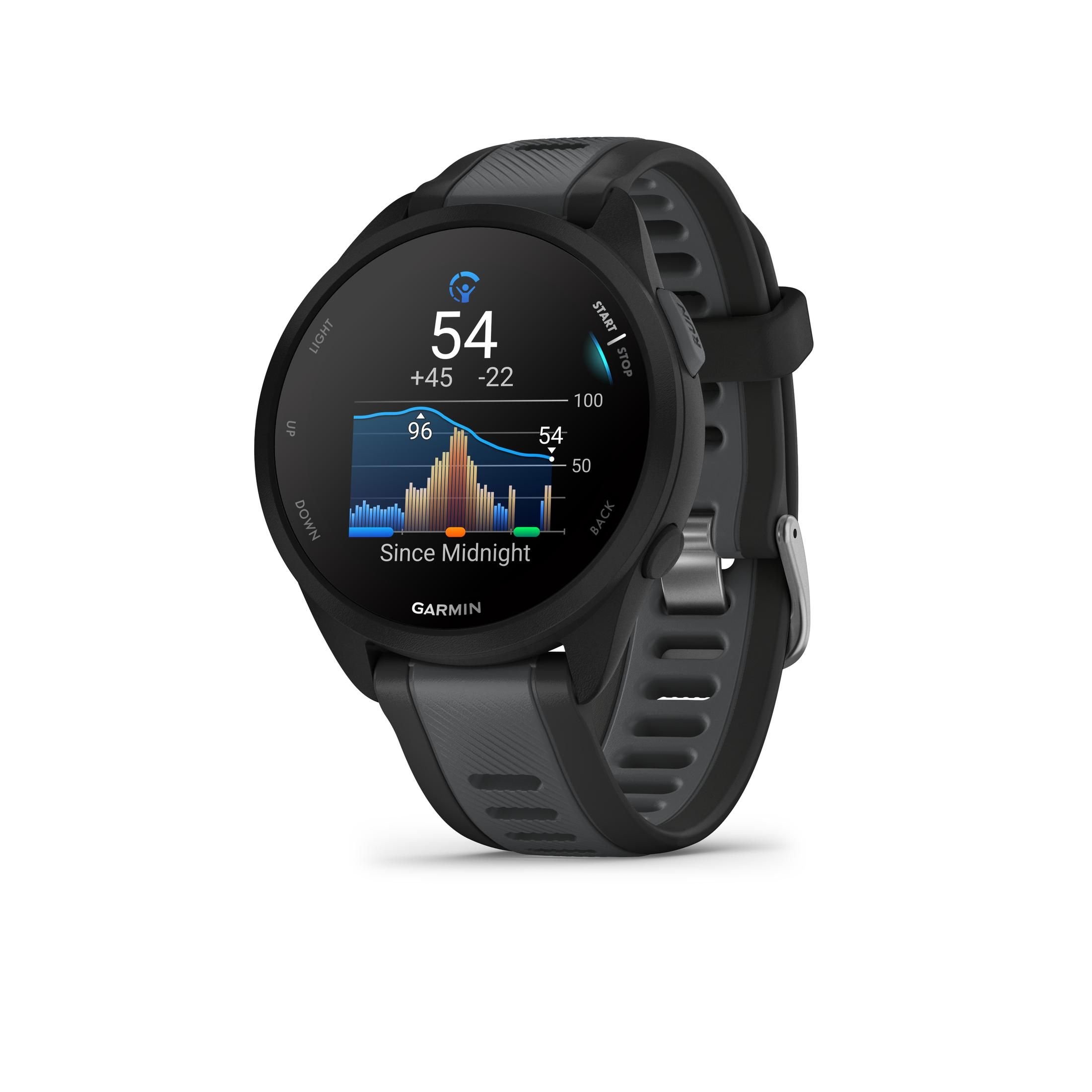 Reloj inteligente Garmin, negro y gris, con pantalla que muestra datos. Fondo blanco.