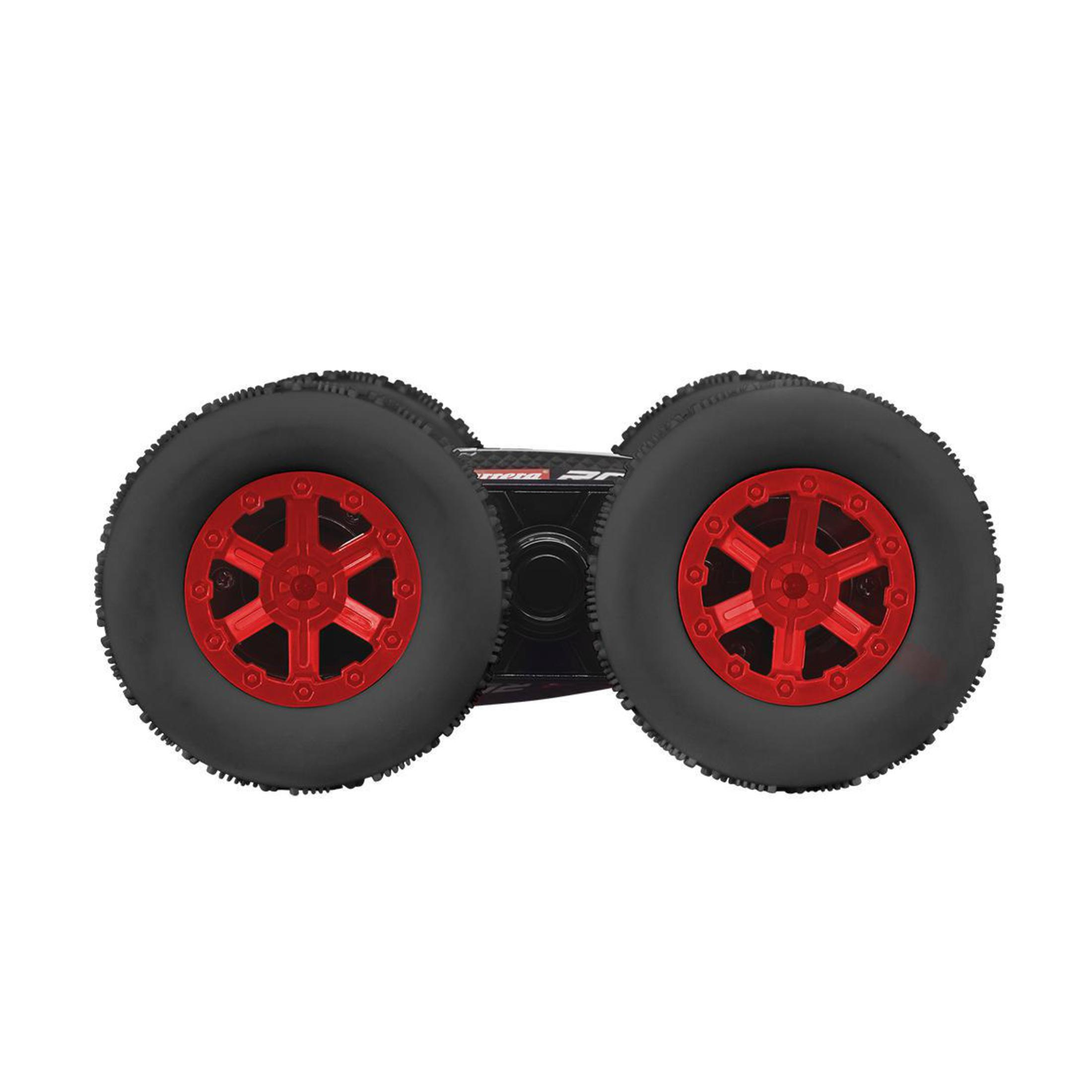 Spielzeugauto, Monstertruck-Stil, rote Räder, schwarzer Körper, Draufsicht.