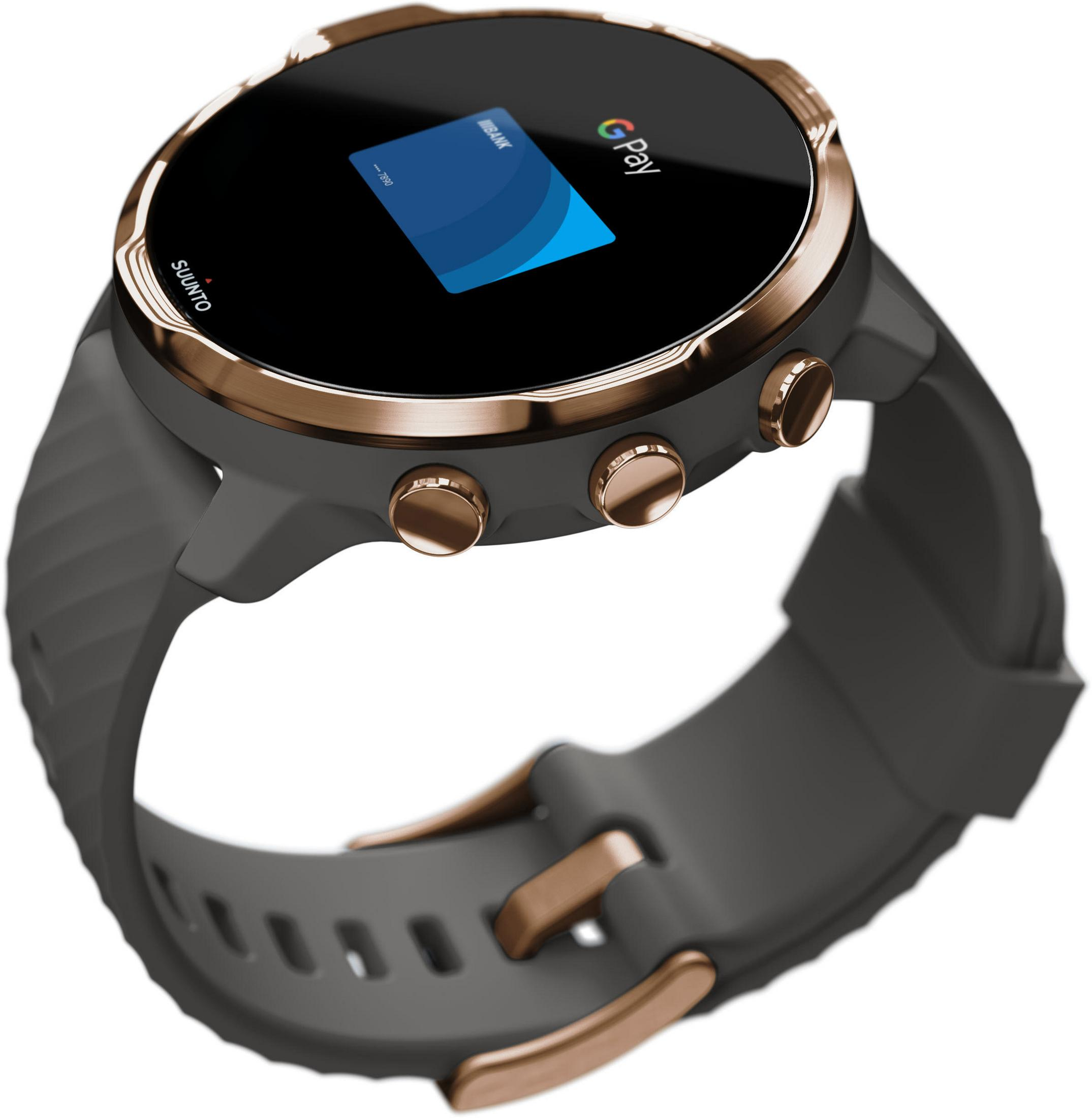 Graue Smartwatch mit schwarzem Bildschirm, der ein Bankkarten-Symbol zeigt, mit roségoldenen Akzenten.