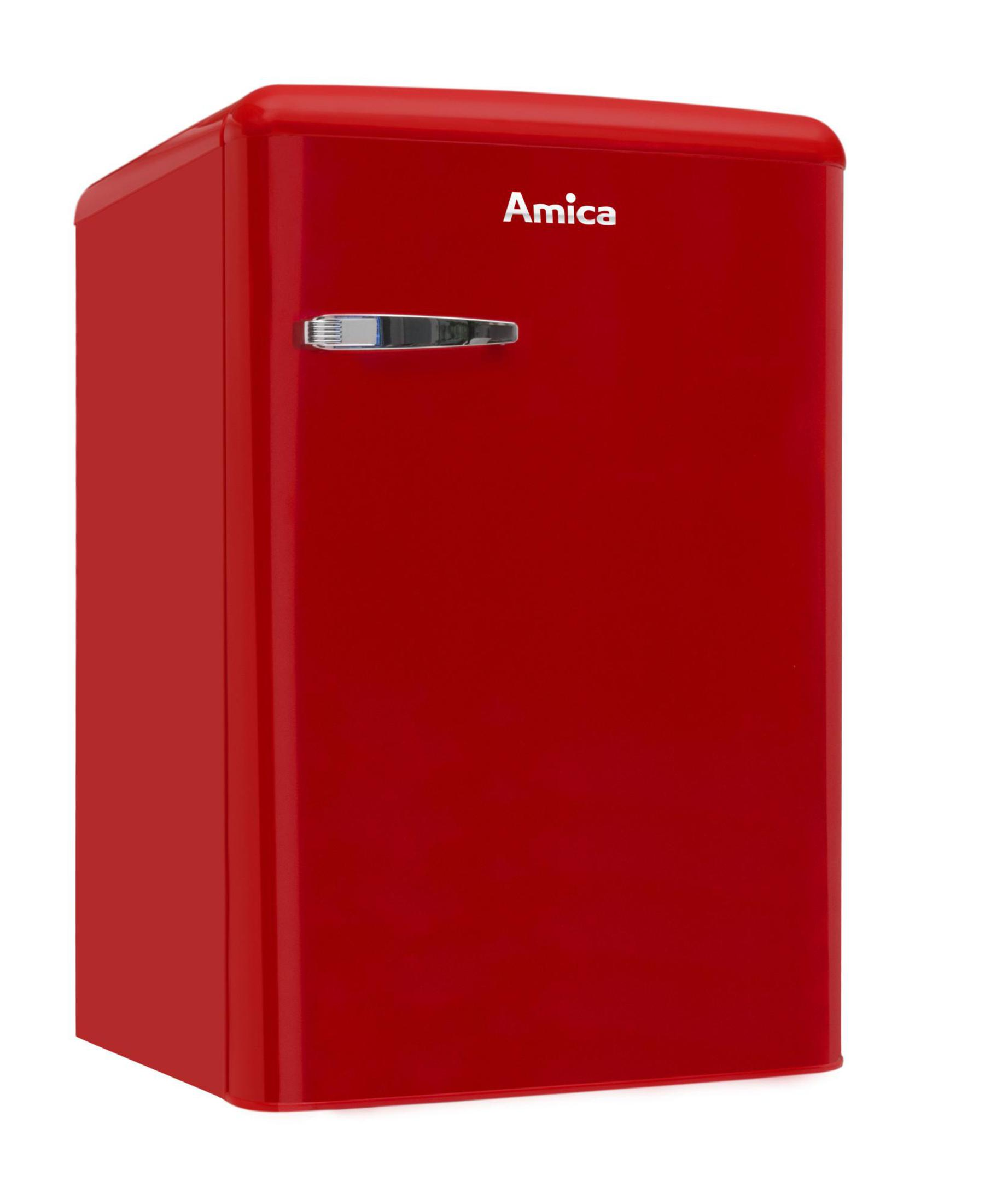 Roter Amica Mini-Kühlschrank. Er hat einen silbernen Griff. Weißer Hintergrund.