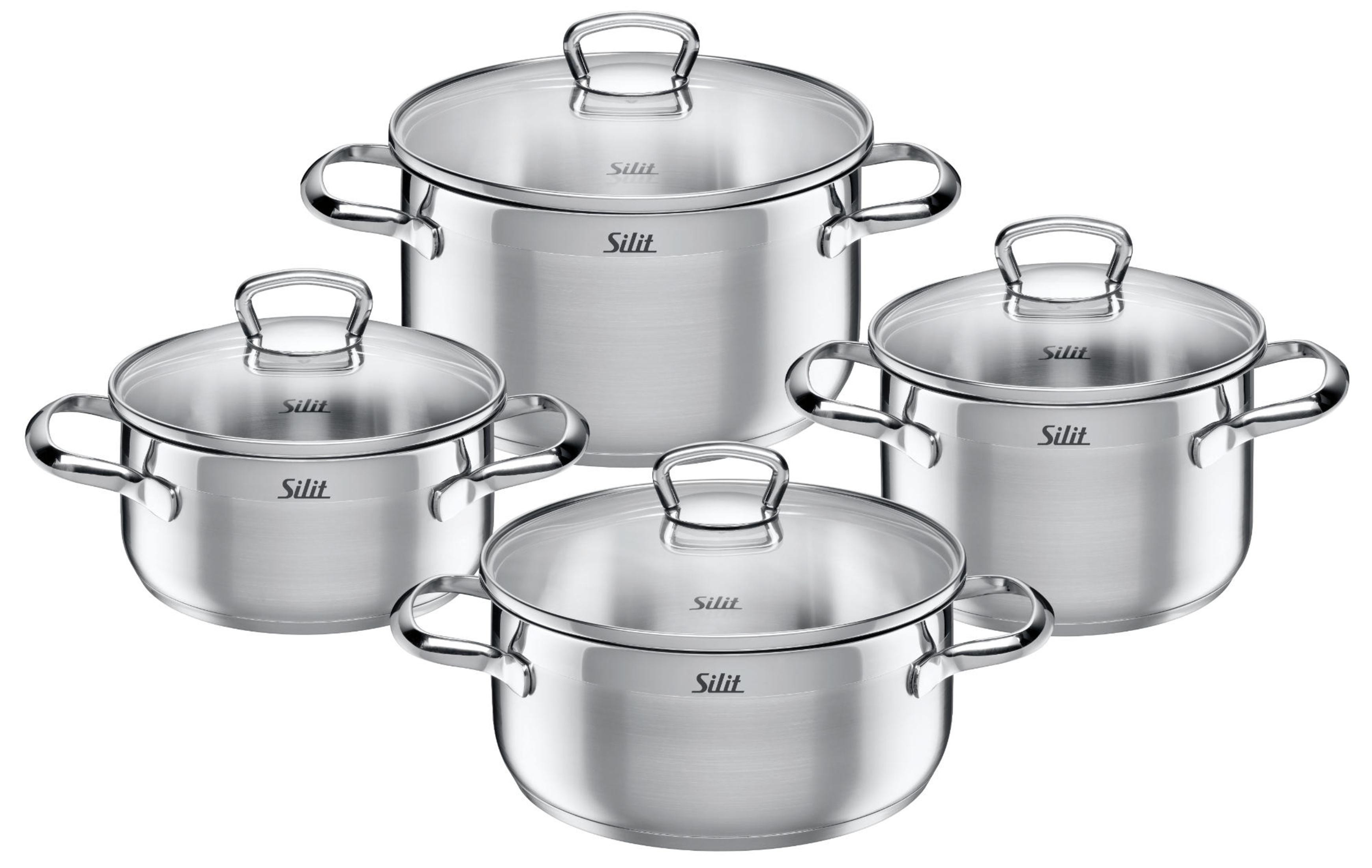 Cztery garnki ze stali nierdzewnej ze szklanymi pokrywkami. Różne rozmiary.