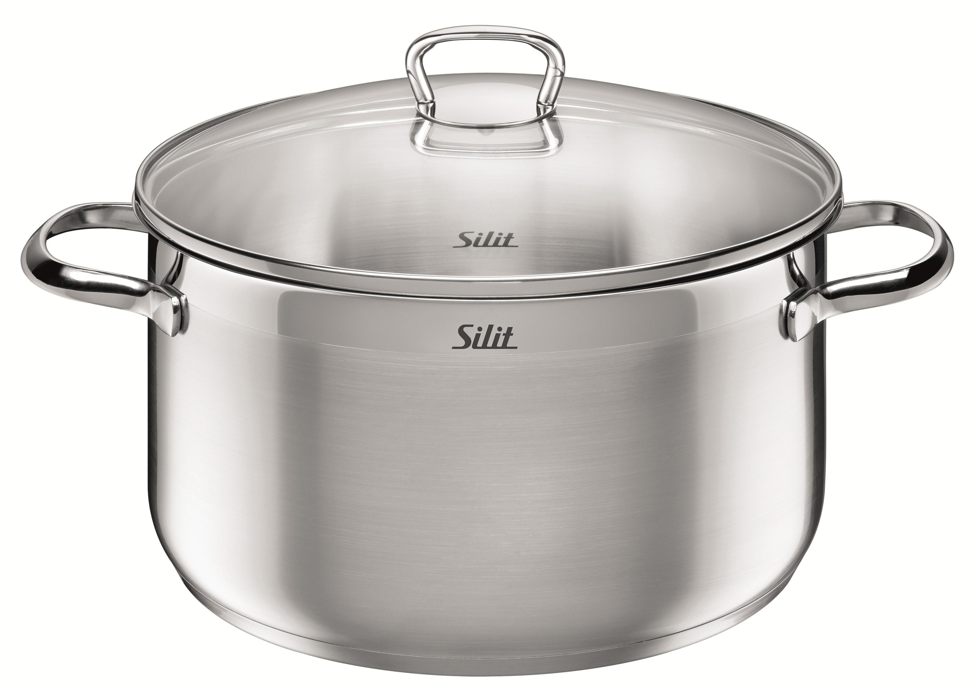 Srebrny garnek ze stali nierdzewnej ze szklaną pokrywką i dwoma uchwytami. Białe tło.