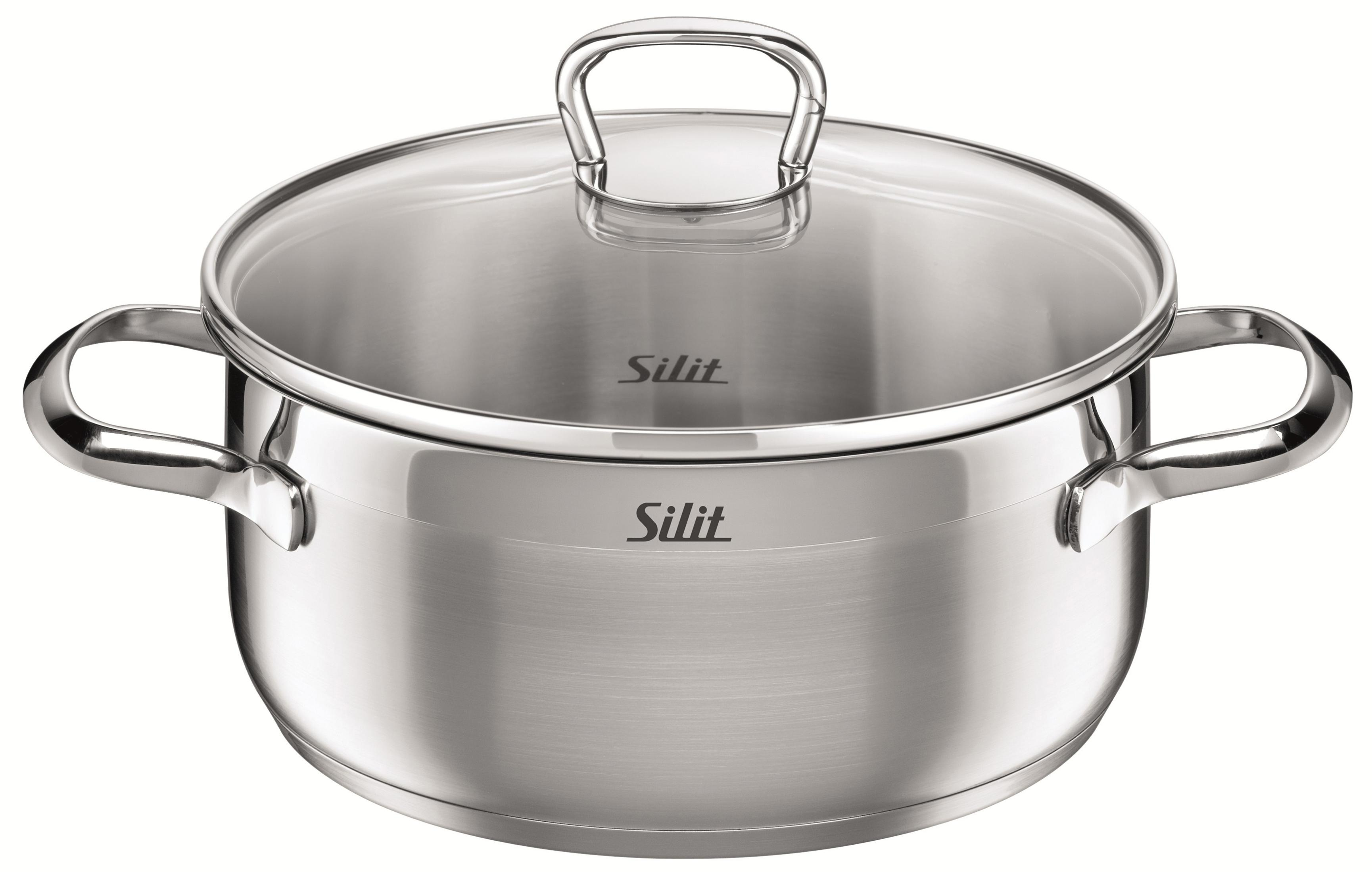 Garnek ze stali nierdzewnej ze szklaną pokrywką i uchwytami.