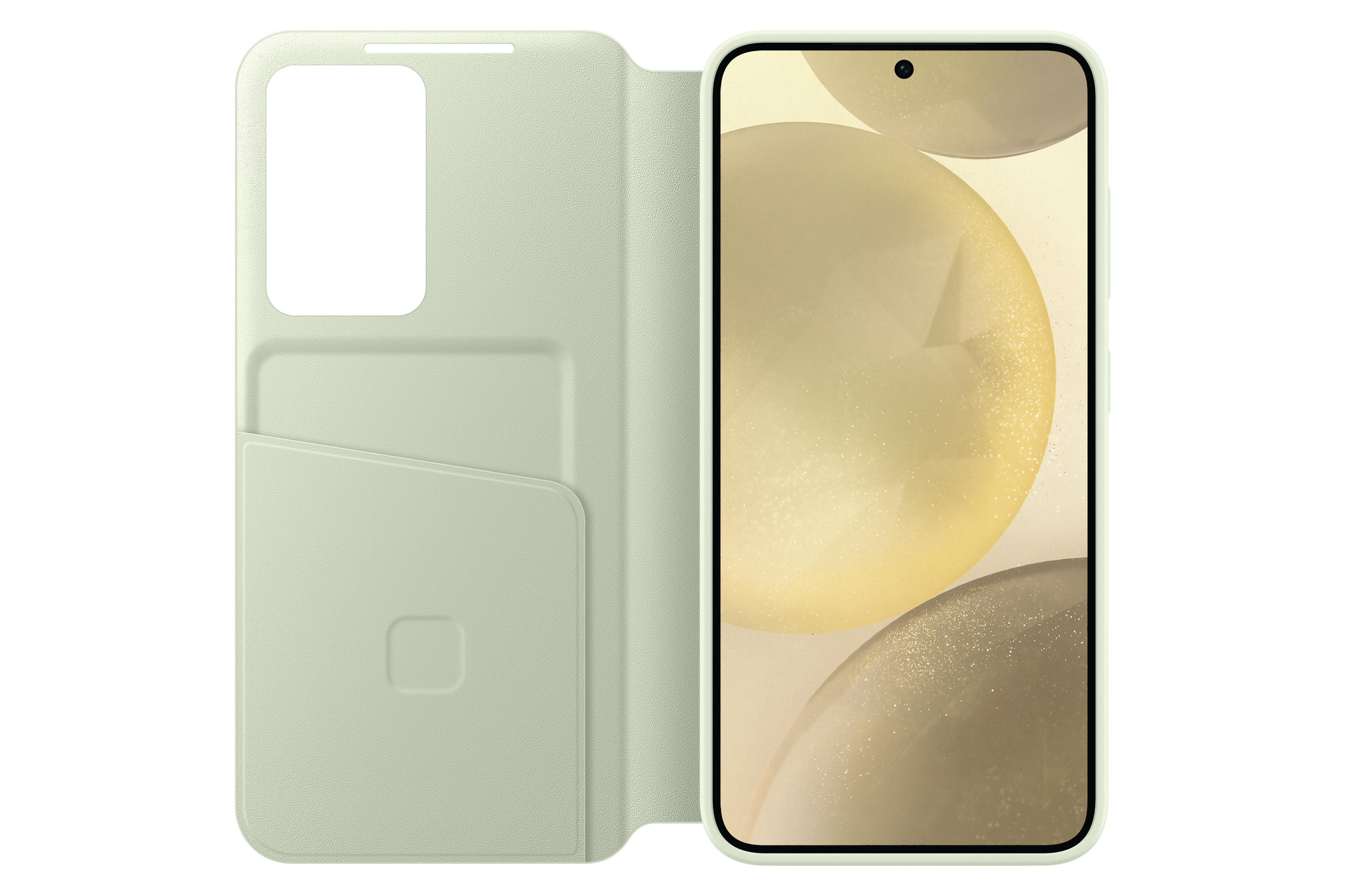Geöffnete Handyhülle mit Telefon, hellgrüne Farbe.