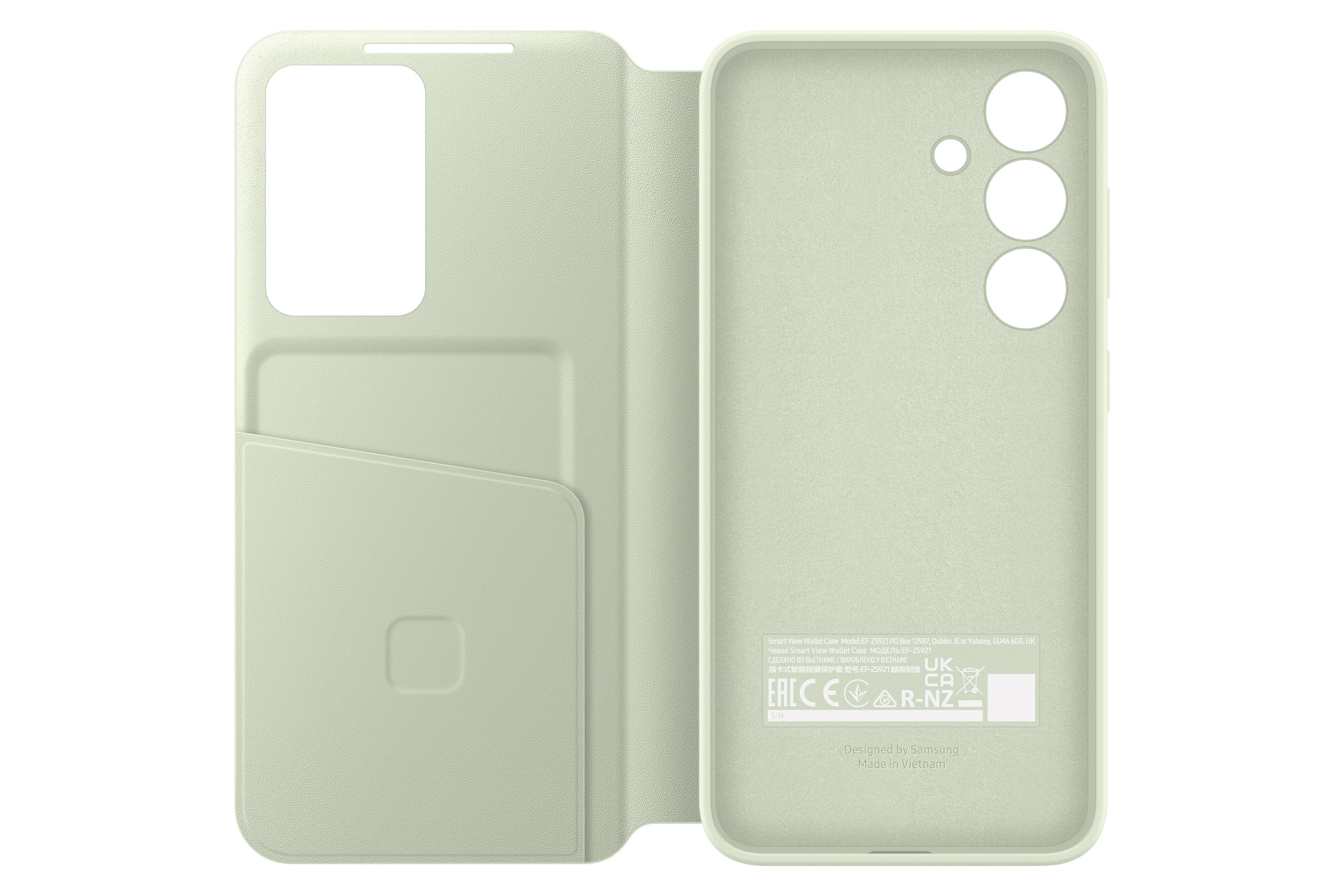Hellgrüne Handyhülle, offen. Innenraum mit Tasche und Telefonhalter. Weißer Hintergrund.