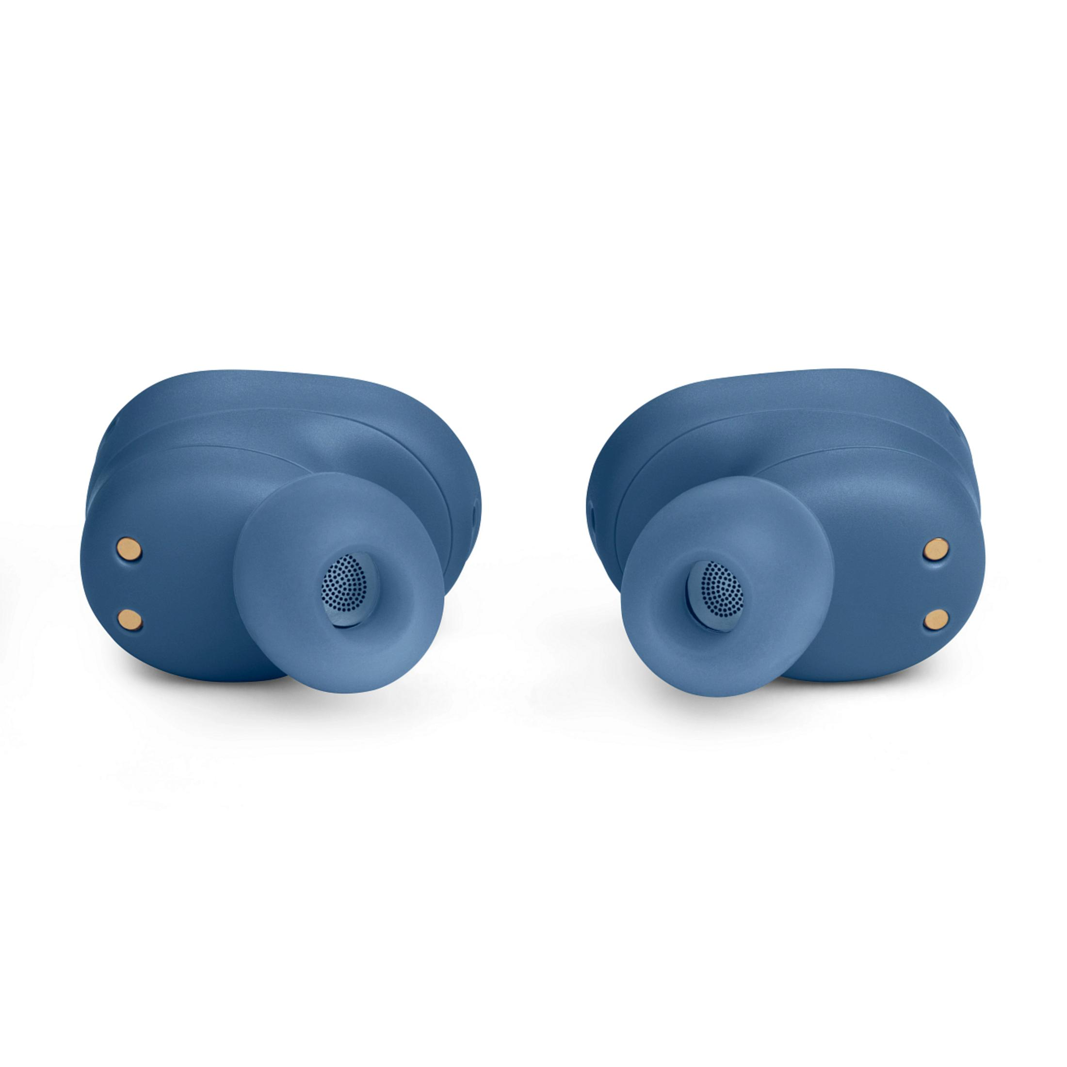 Dwie niebieskie słuchawki na białym tle.