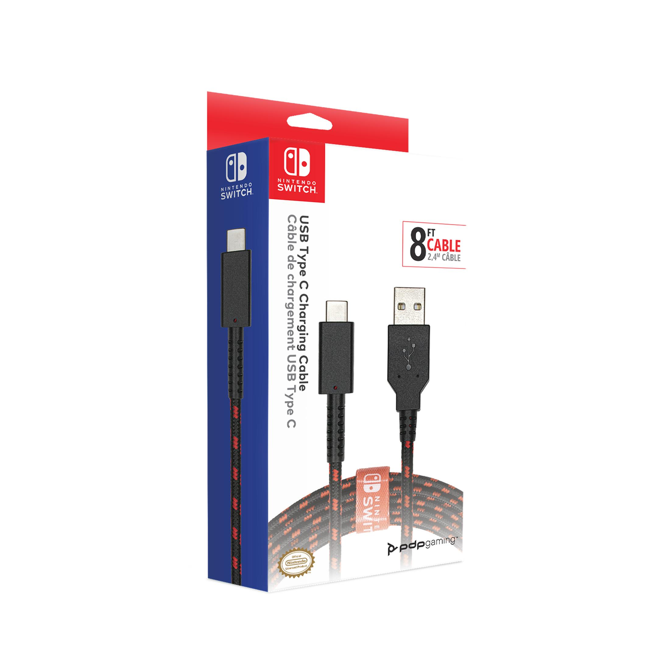 Cavo di ricarica USB-C Nintendo Switch e scatola su sfondo bianco.