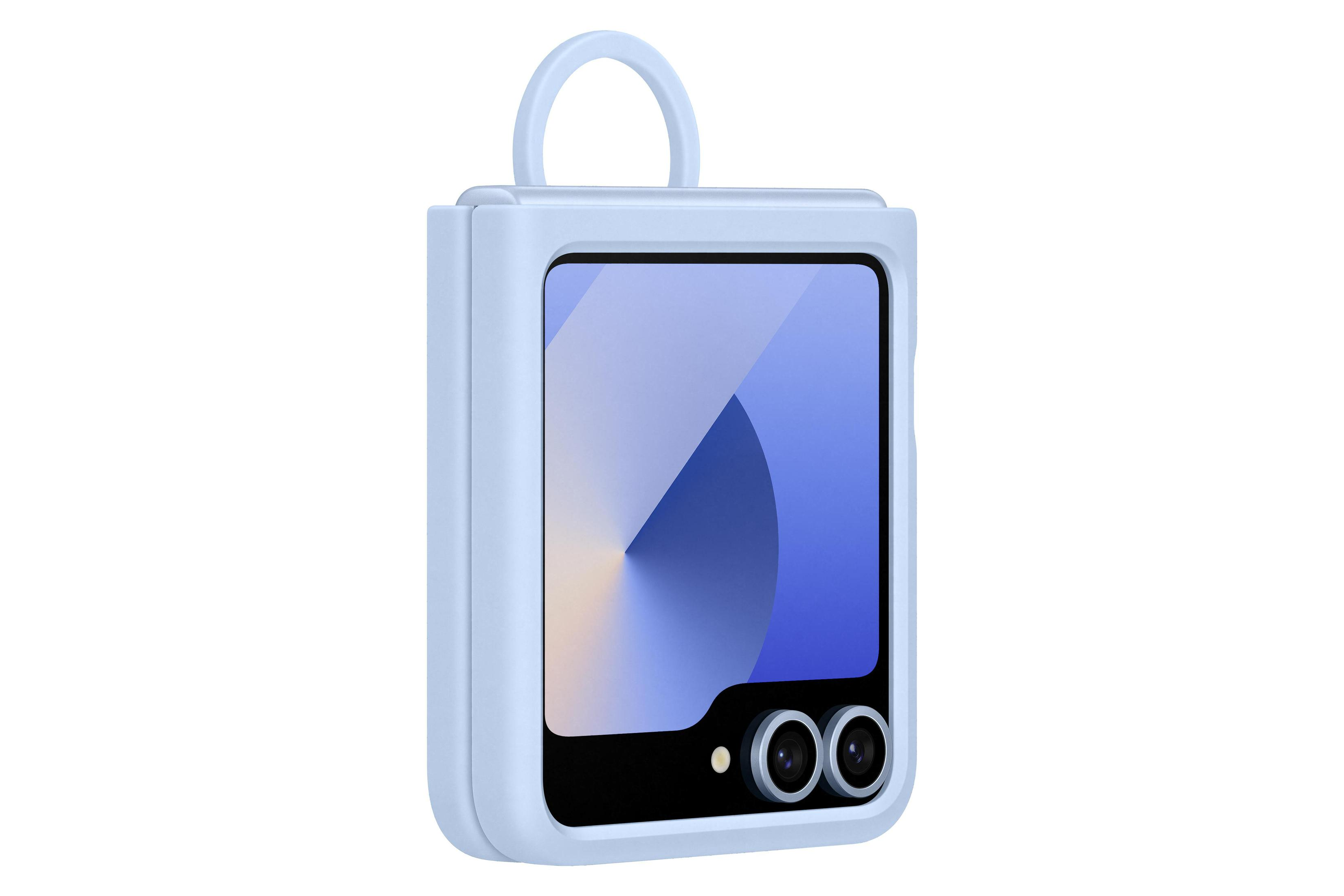 Funda azul plegable para teléfono con lazo arriba, mostrando pantalla y cámaras.