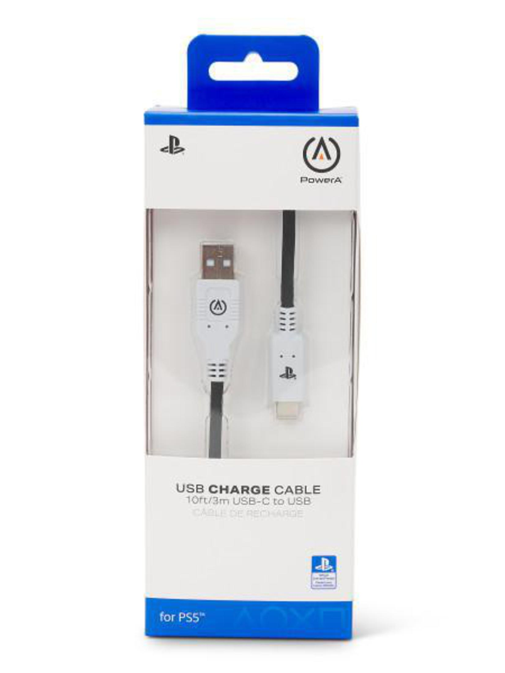 Cable de carga USB para PS5 en embalaje. Cable blanco con conectores USB-C y USB.
