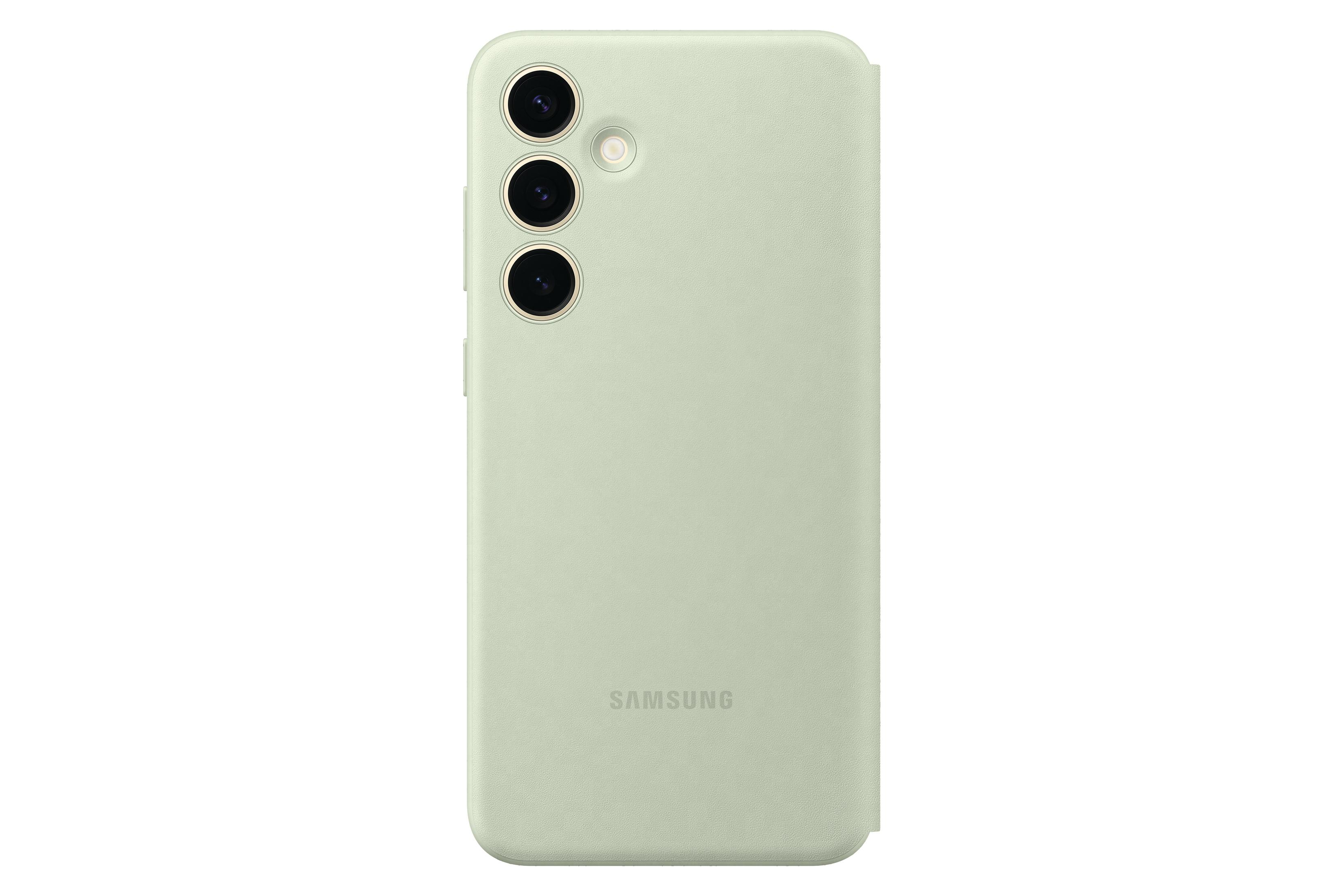 Jasnozielone etui na telefon z trzema obiektywami aparatu i logo Samsung.
