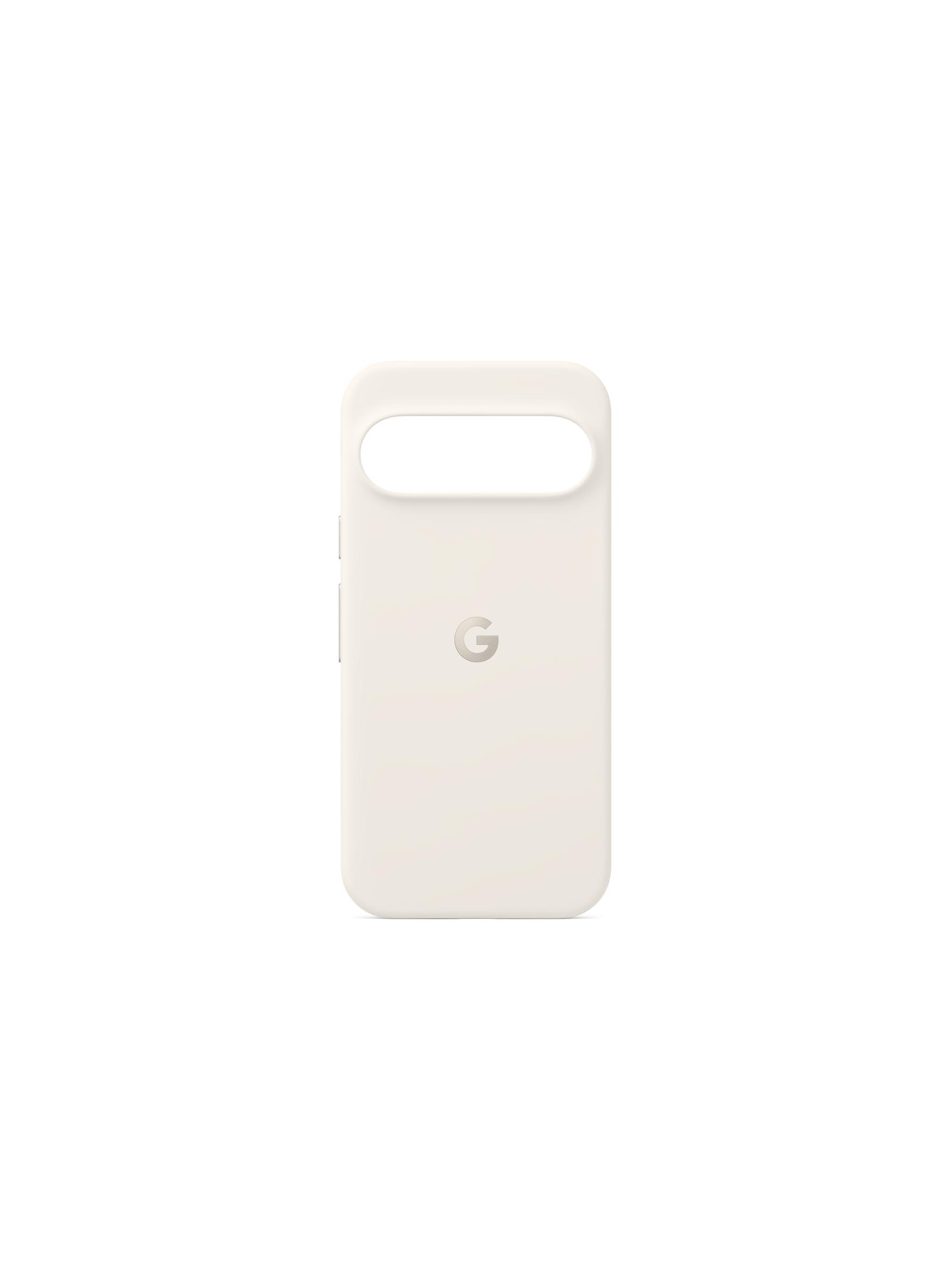 Custodia bianca per telefono Google. Ha un ritaglio per la fotocamera e un anello rialzato con il logo 'G'.