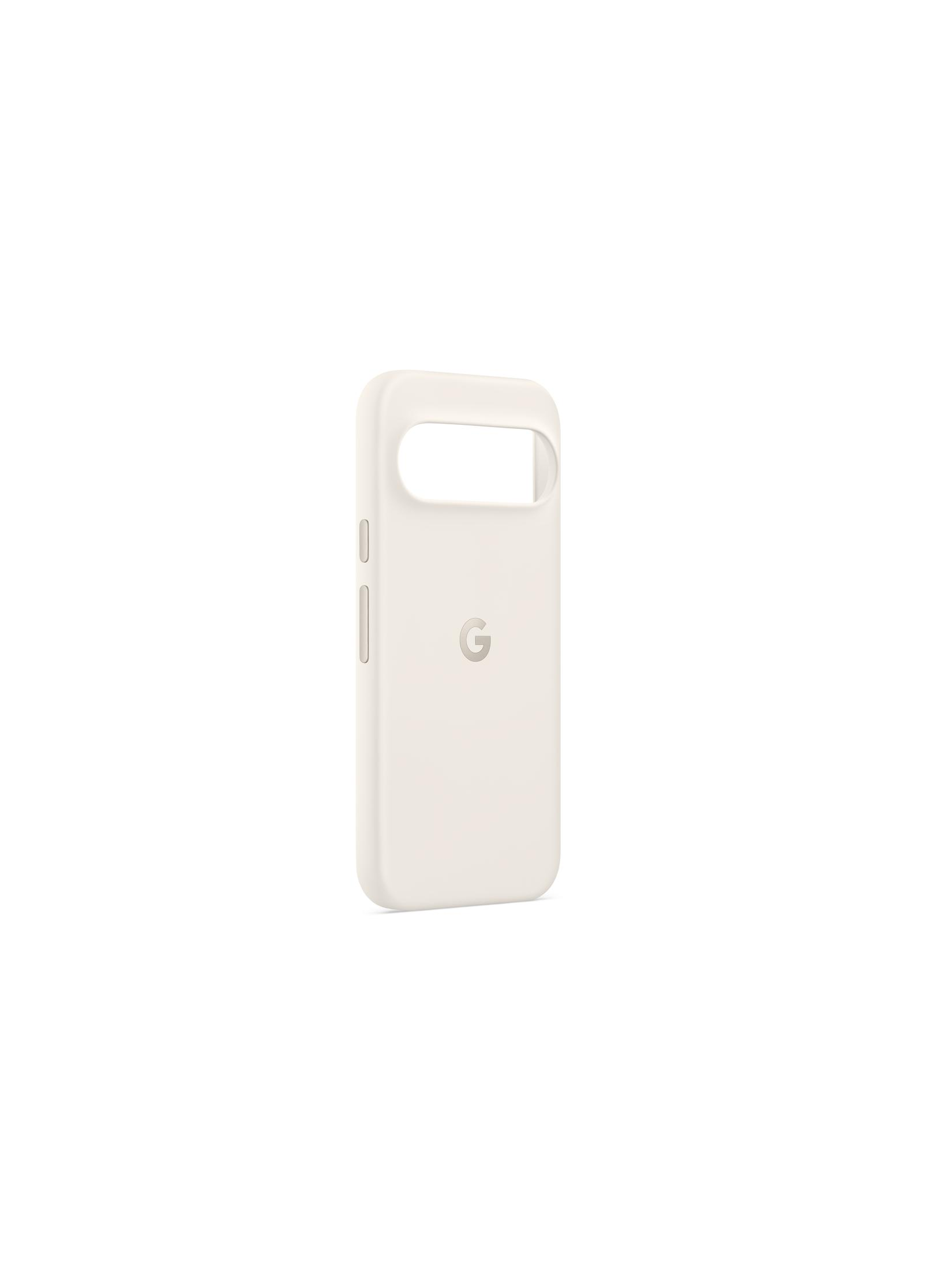 Custodia per telefono bianca. Vista posteriore, con un logo Google.