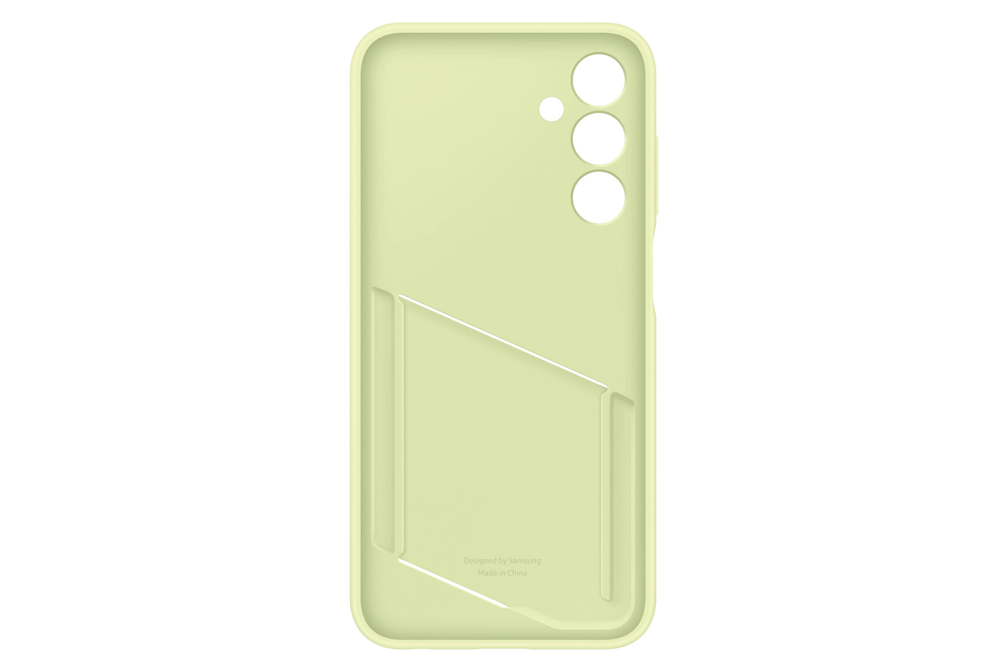 Une coque de téléphone vert clair avec une fente pour carte, conçue par Samsung, sur fond blanc.
