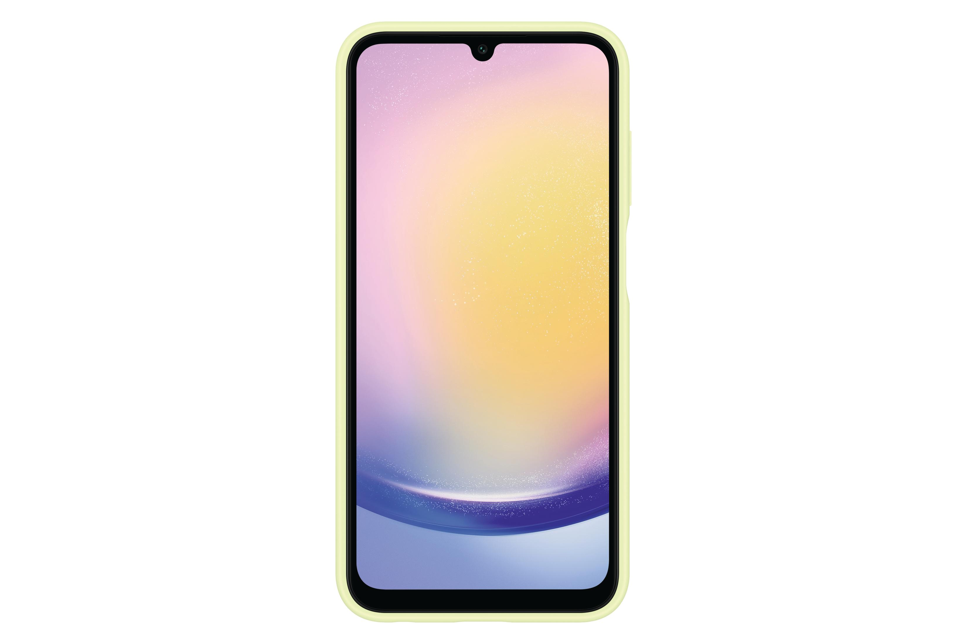 Un téléphone avec une coque jaune, l'écran affiche un fond coloré.