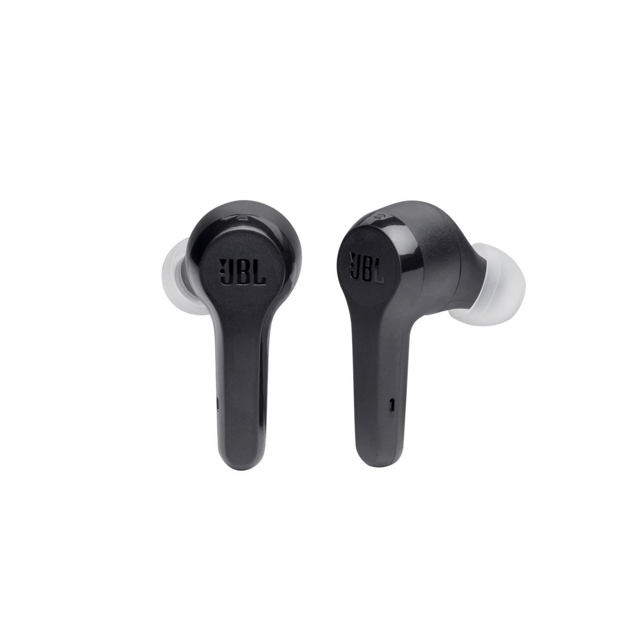 Schwarze JBL Ohrhörer, zwei Einheiten. Jedes hat JBL-Branding und eine klare Ohrspitze.