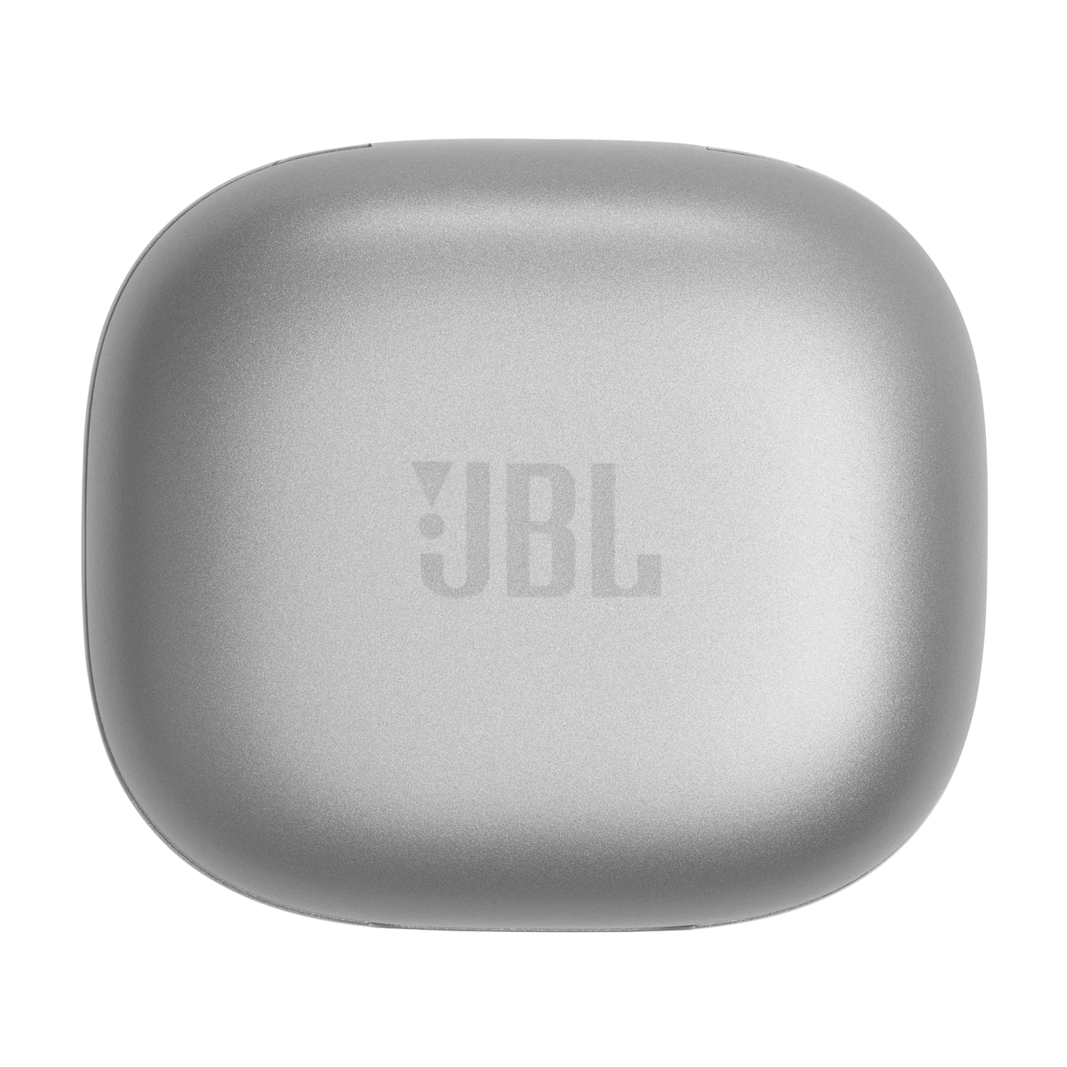Srebrne etui ładujące JBL, widok z góry, na czarnym tle.