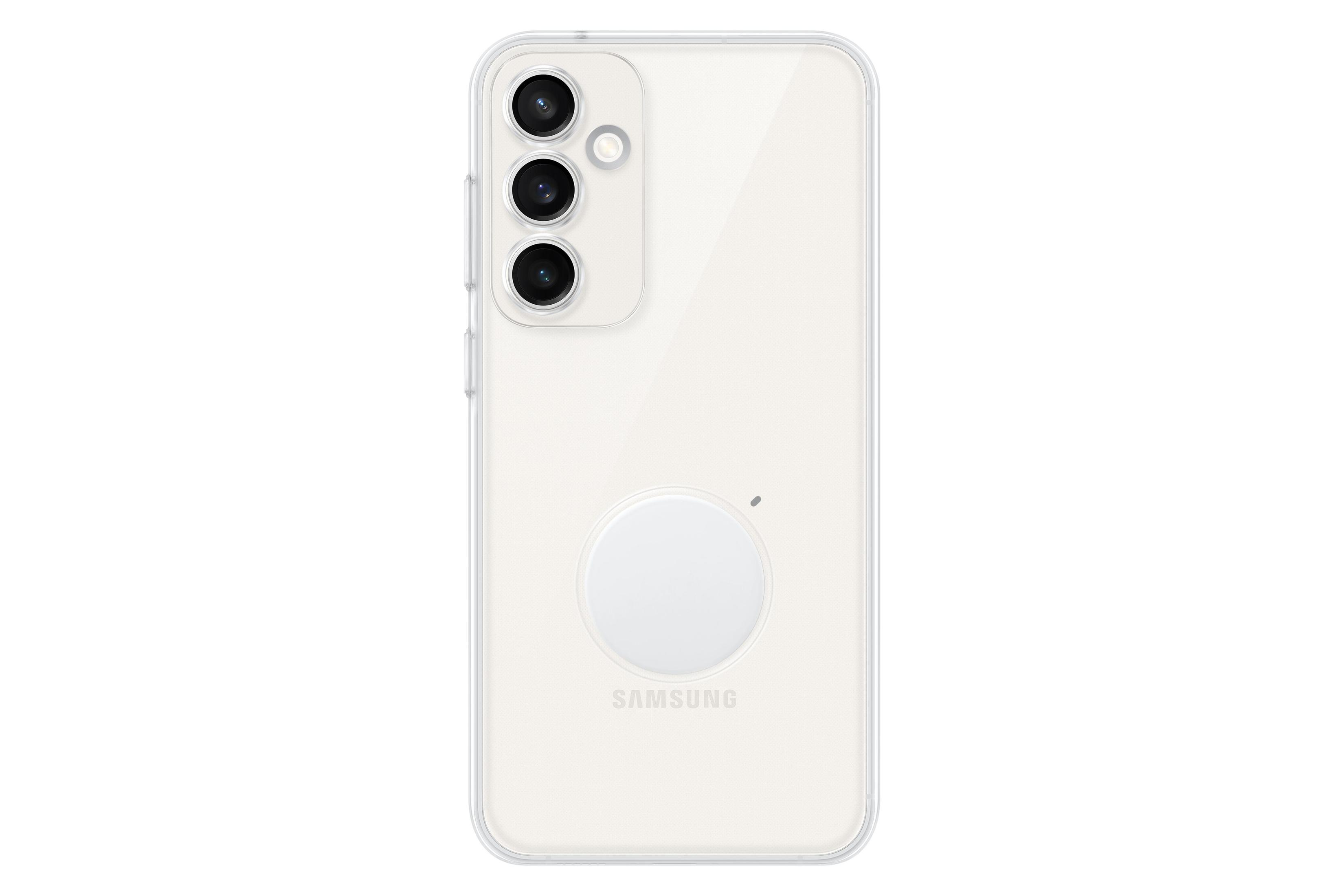 Witte smartphone met drie camera's en een witte MagSafe-oplader.