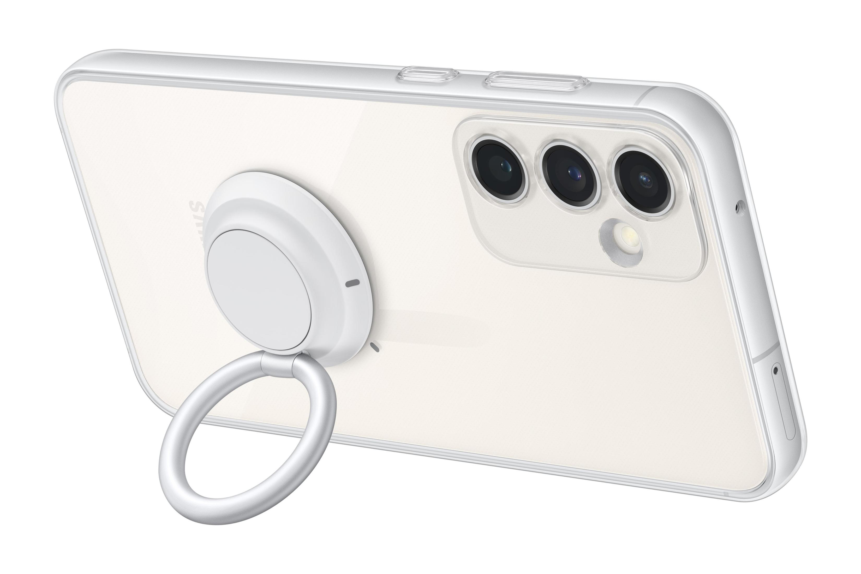 Transparante telefoonhoes met witte ringhouder. De telefoon heeft een drievoudige camera.