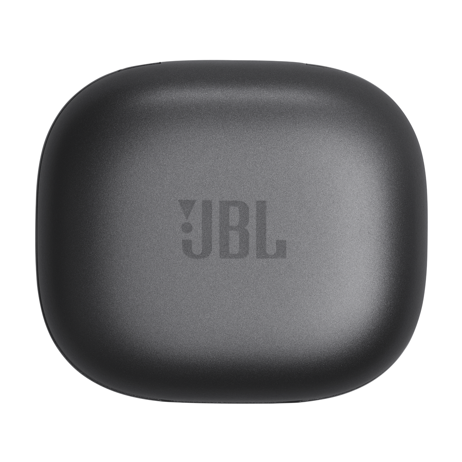 Czarne, zamknięte, zaokrąglone kwadratowe etui z logo JBL pośrodku, czarne tło.