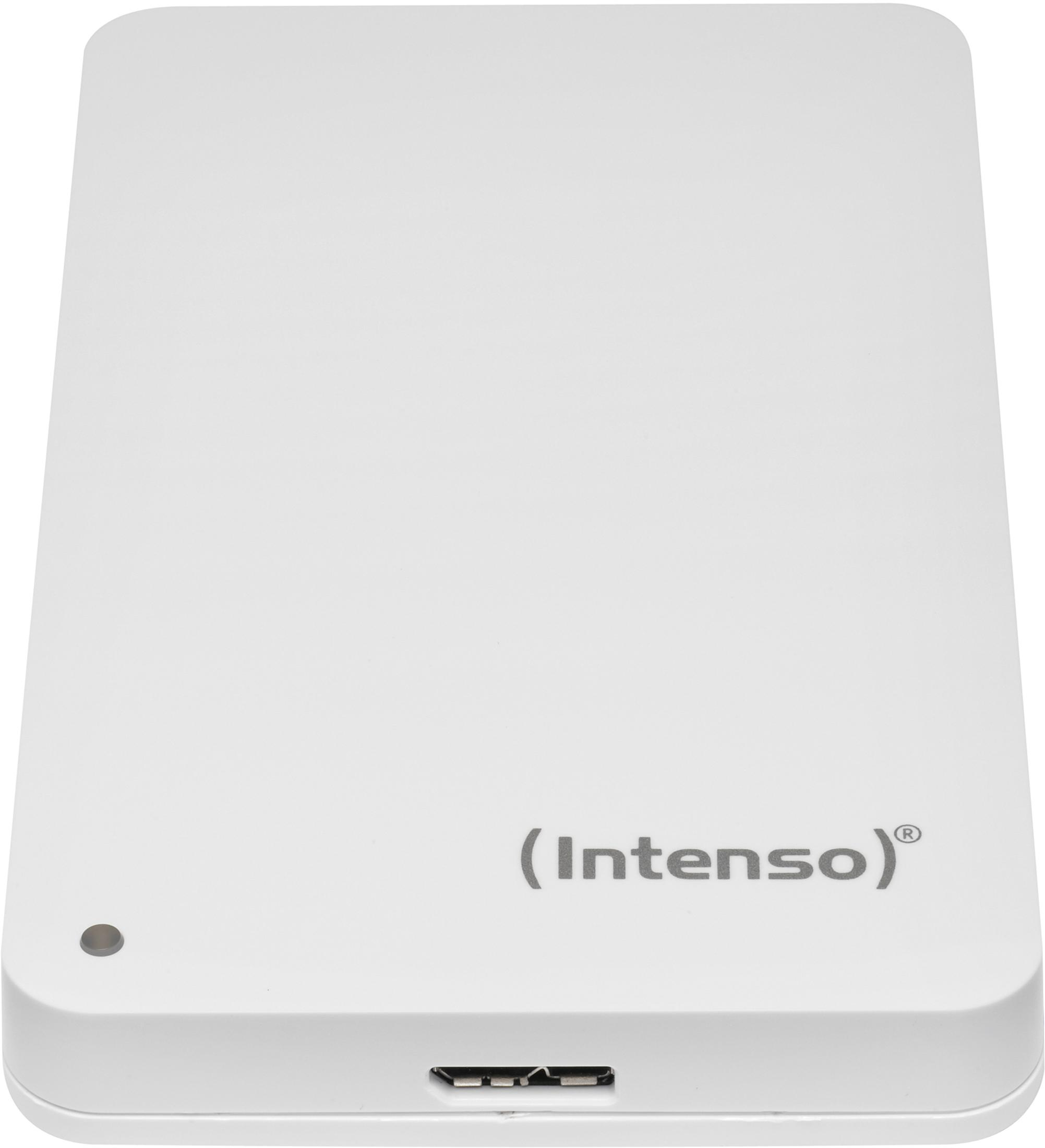 Hard disk esterno bianco, con il logo Intenso. Sfondo bianco.