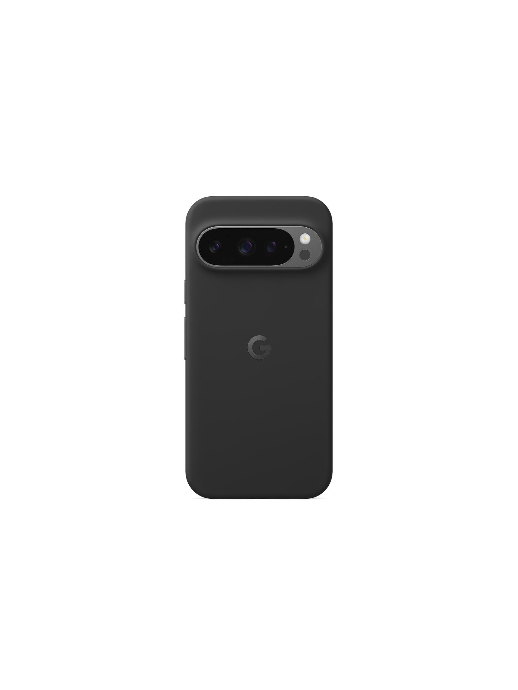 Funda negra para teléfono Google Pixel con cámara y logo de Google sobre fondo blanco.