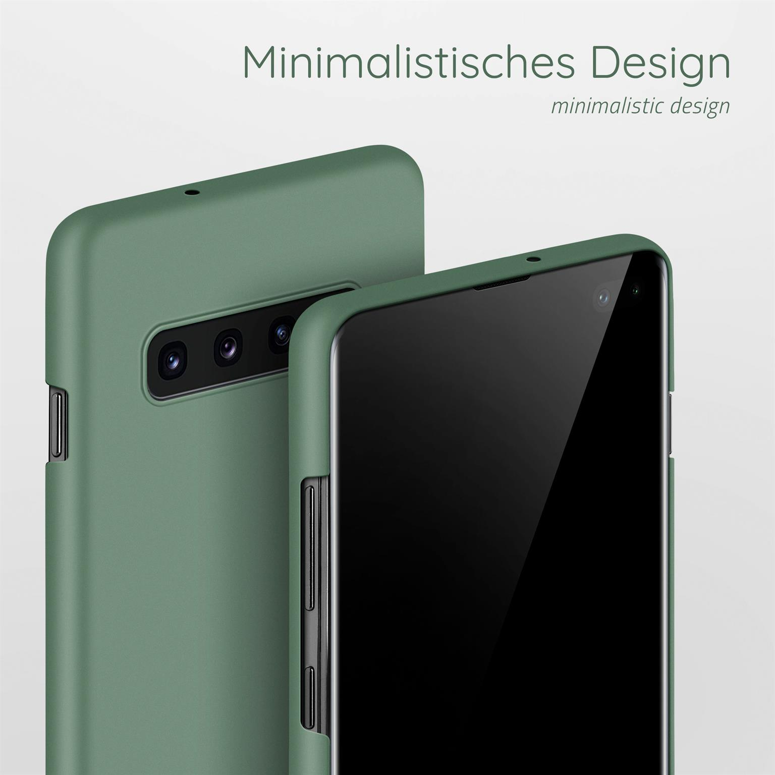 Zwei grüne Handyhüllen. Eine links, eine mit Telefon rechts.