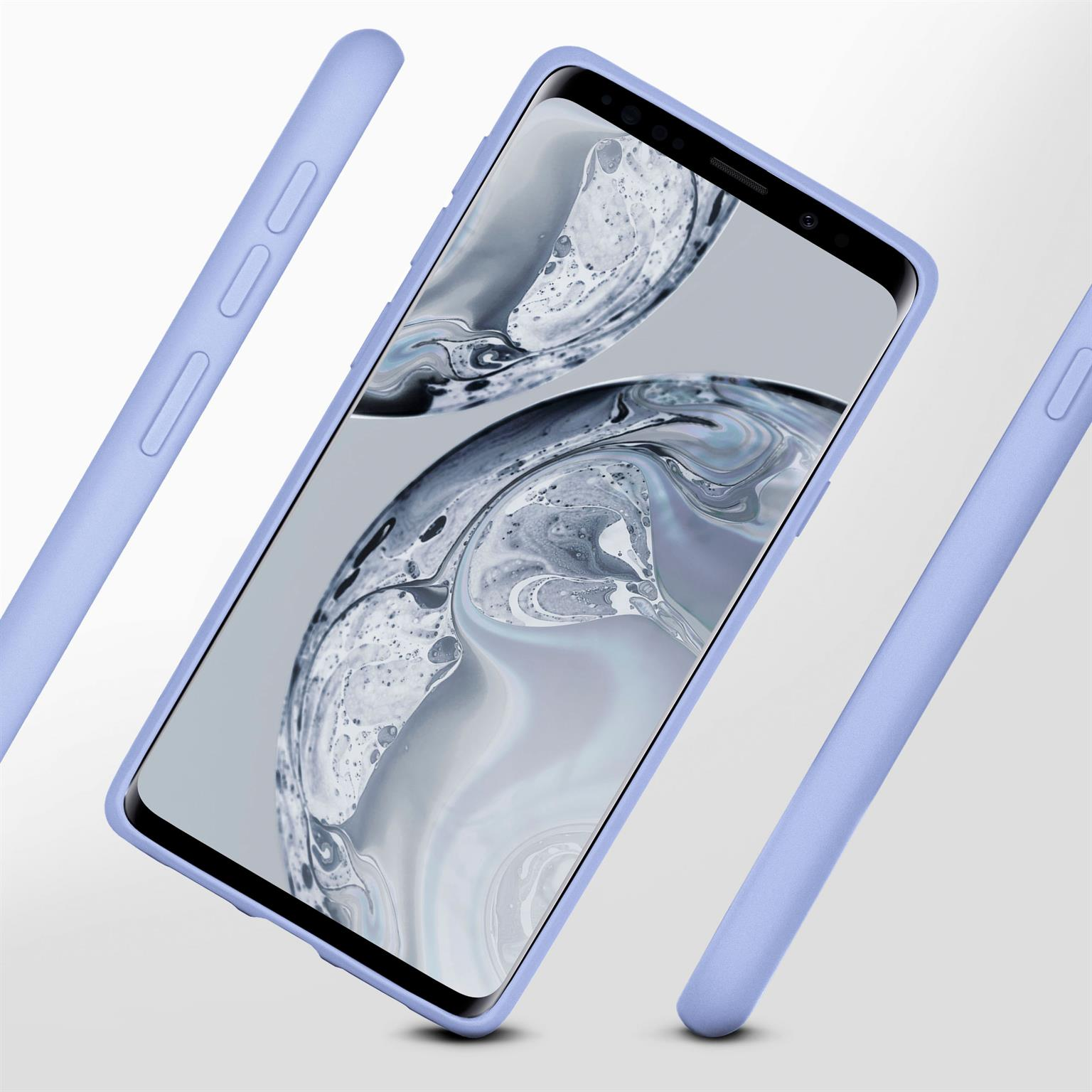 Lila Handyhülle und ein Handy. Der Bildschirm zeigt ein wässriges Design. Abgewinkelt.