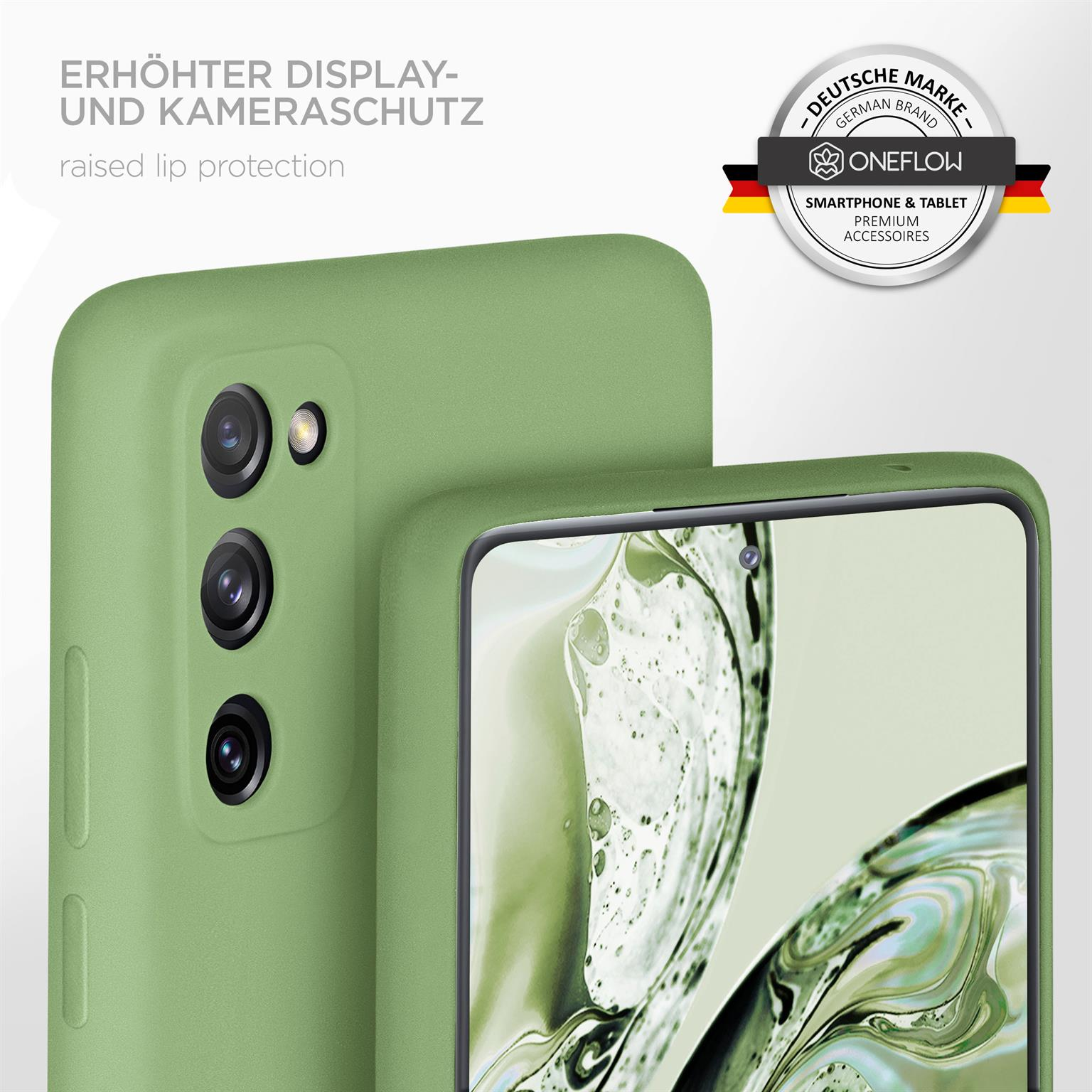 Eine Handyhülle mit einem Telefon darin. Die Hülle ist grün, das Telefon hat eine Kamera.