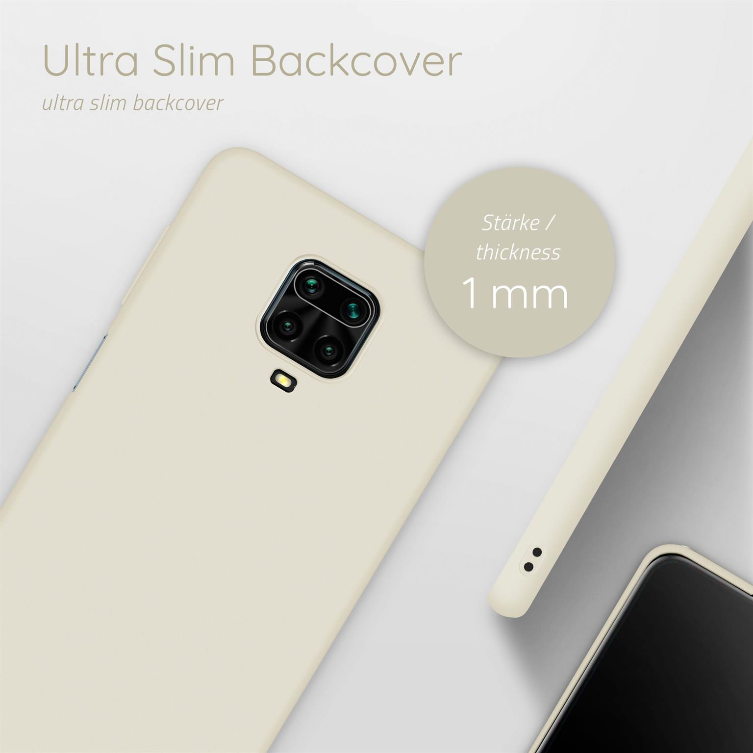 Beige Handyhülle mit Telefon. Text: Ultra Slim Backcover, Dicke 1 mm.