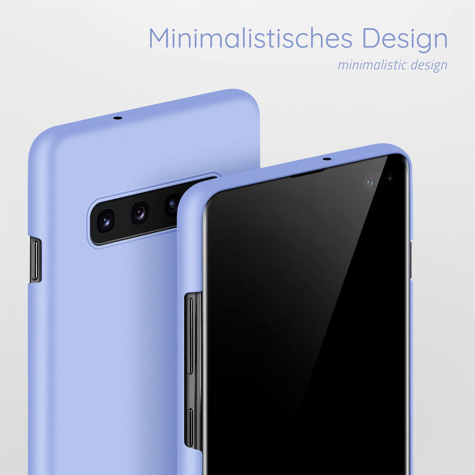 Zwei lavendelfarbene Handyhüllen mit einem Telefon. Das Telefon hat einen schwarzen Bildschirm. Text: Minimalistisches Design.