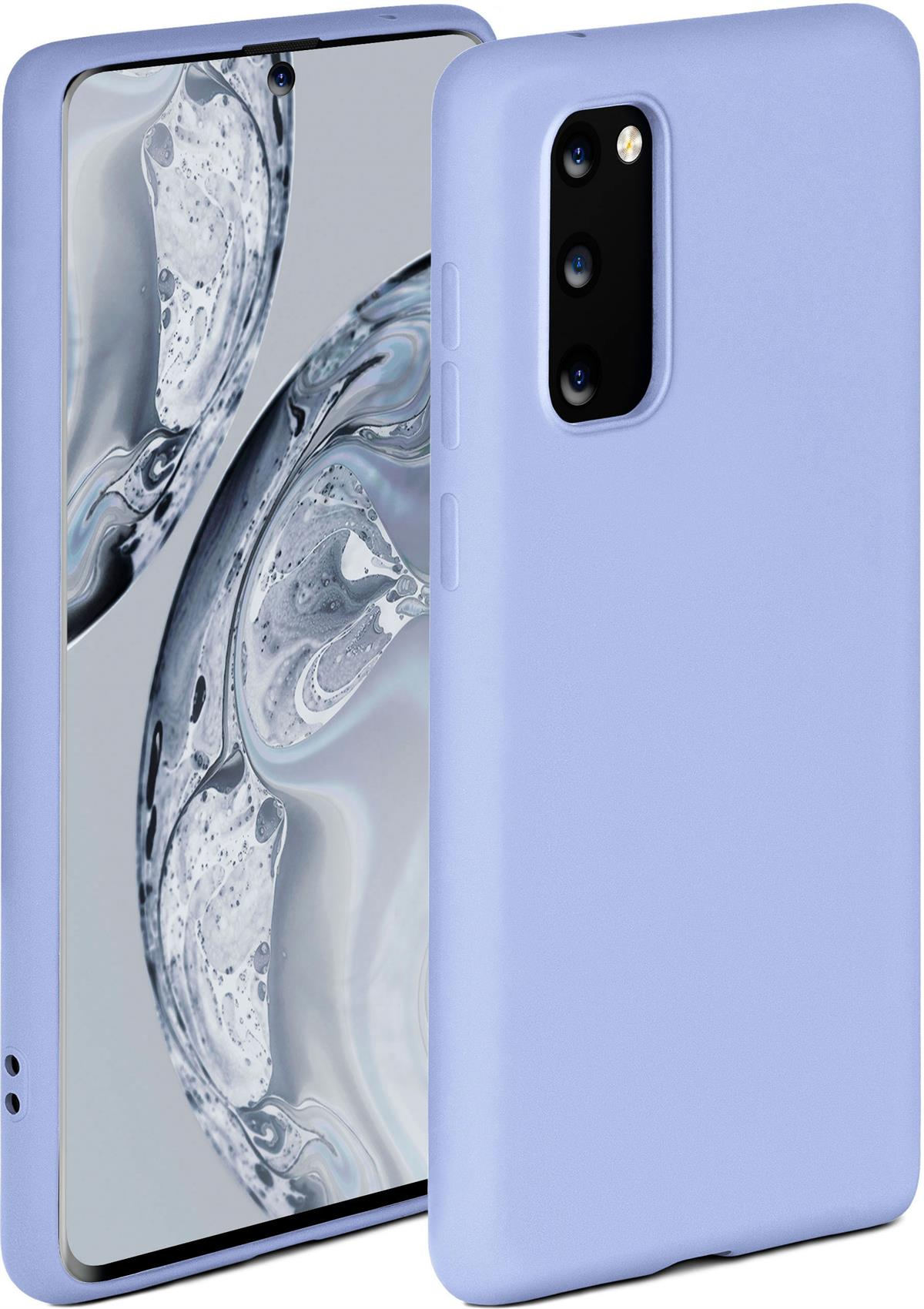 Ein hellviolettes Telefon mit passender Hülle. Der Bildschirm zeigt einen verschwommenen Hintergrund.