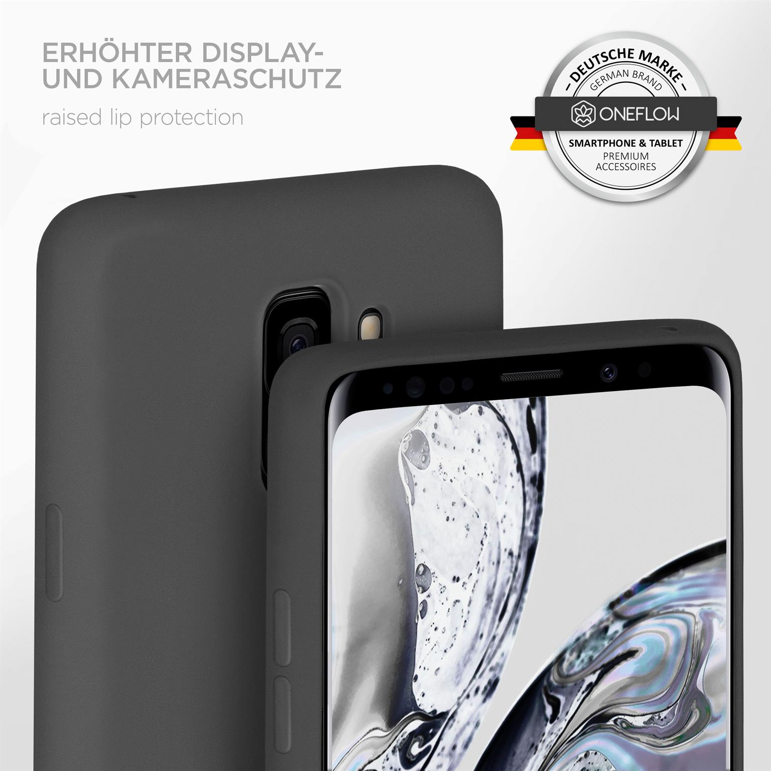 Dunkelgraue Handyhülle mit erhöhtem Schutz neben einem Handy mit digitalem Bildschirm.