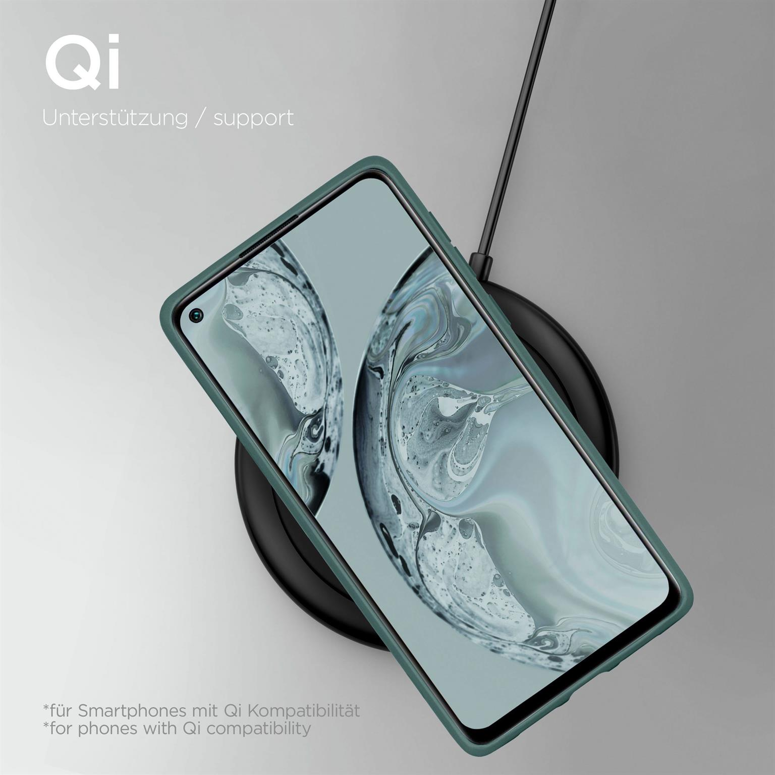 Telefon auf kabellosem Ladegerät. Grüne Hülle. Text sagt 'Qi-Unterstützung'. Hintergrund ist weiß.