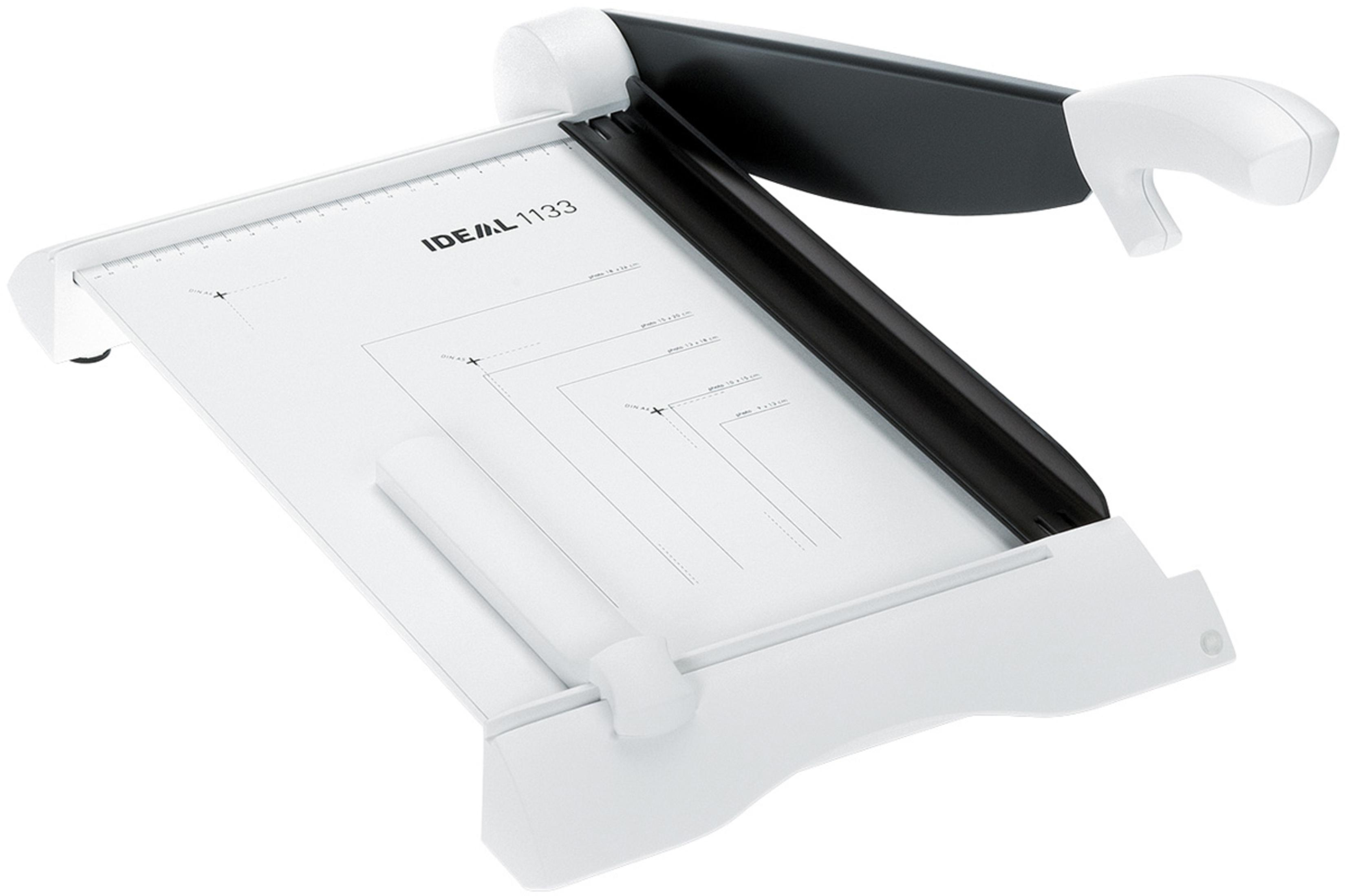 Eine weiße Papierschneidemaschine mit Lineal.