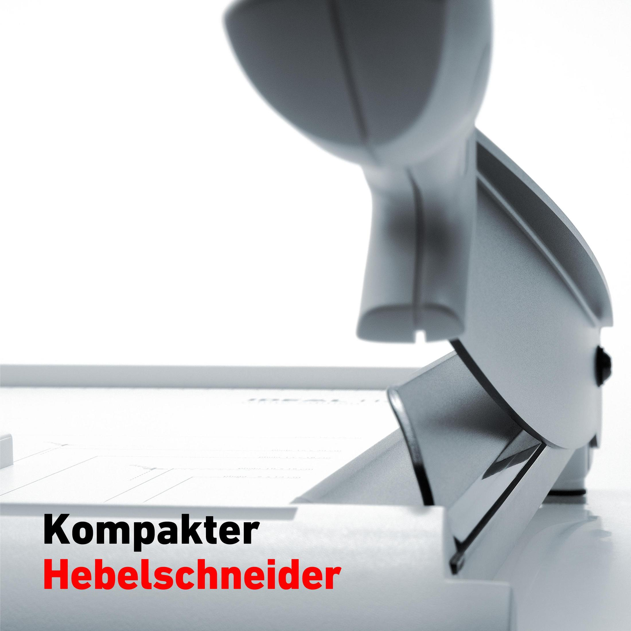 Ein Papierschneider. Eine Nahaufnahme des Griffs und der Klinge mit den Worten "Kompakter Hebelschneider".