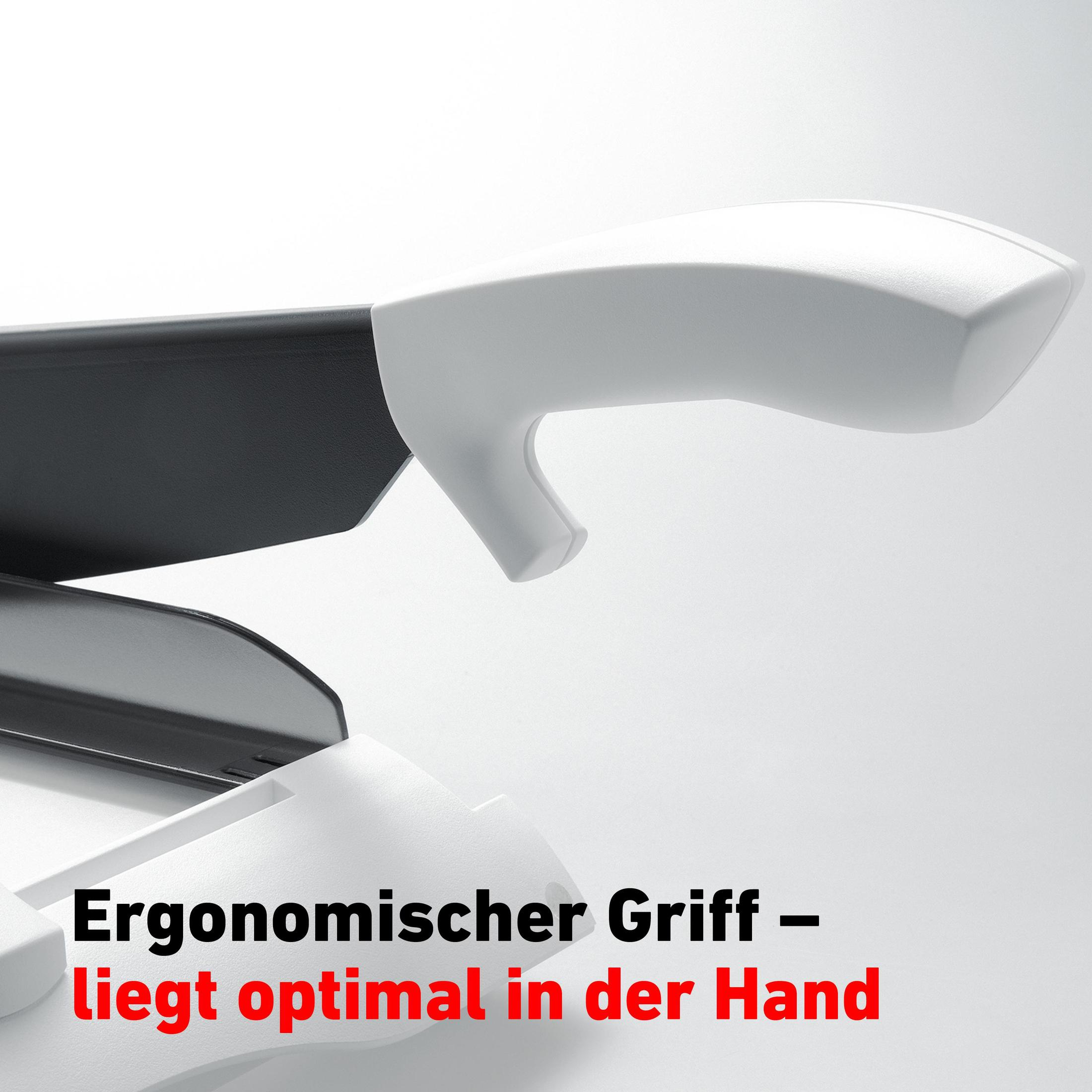 Weißer und schwarzer Gerätegriff, mit rotem und schwarzem Text.