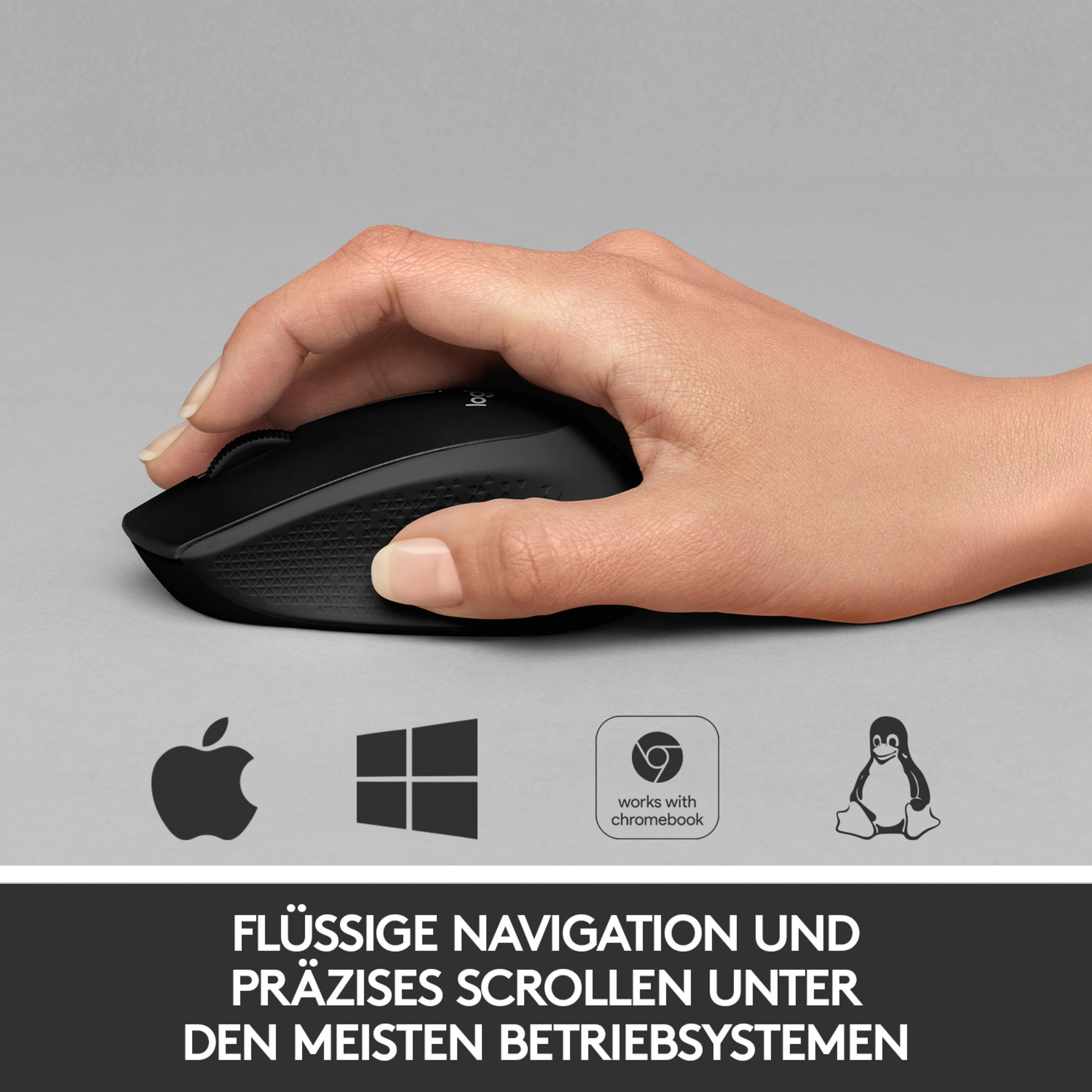 Dłoń używająca czarnej myszy. Poniżej myszy znajdują się logo Apple, Windows, Chrome i Linux.