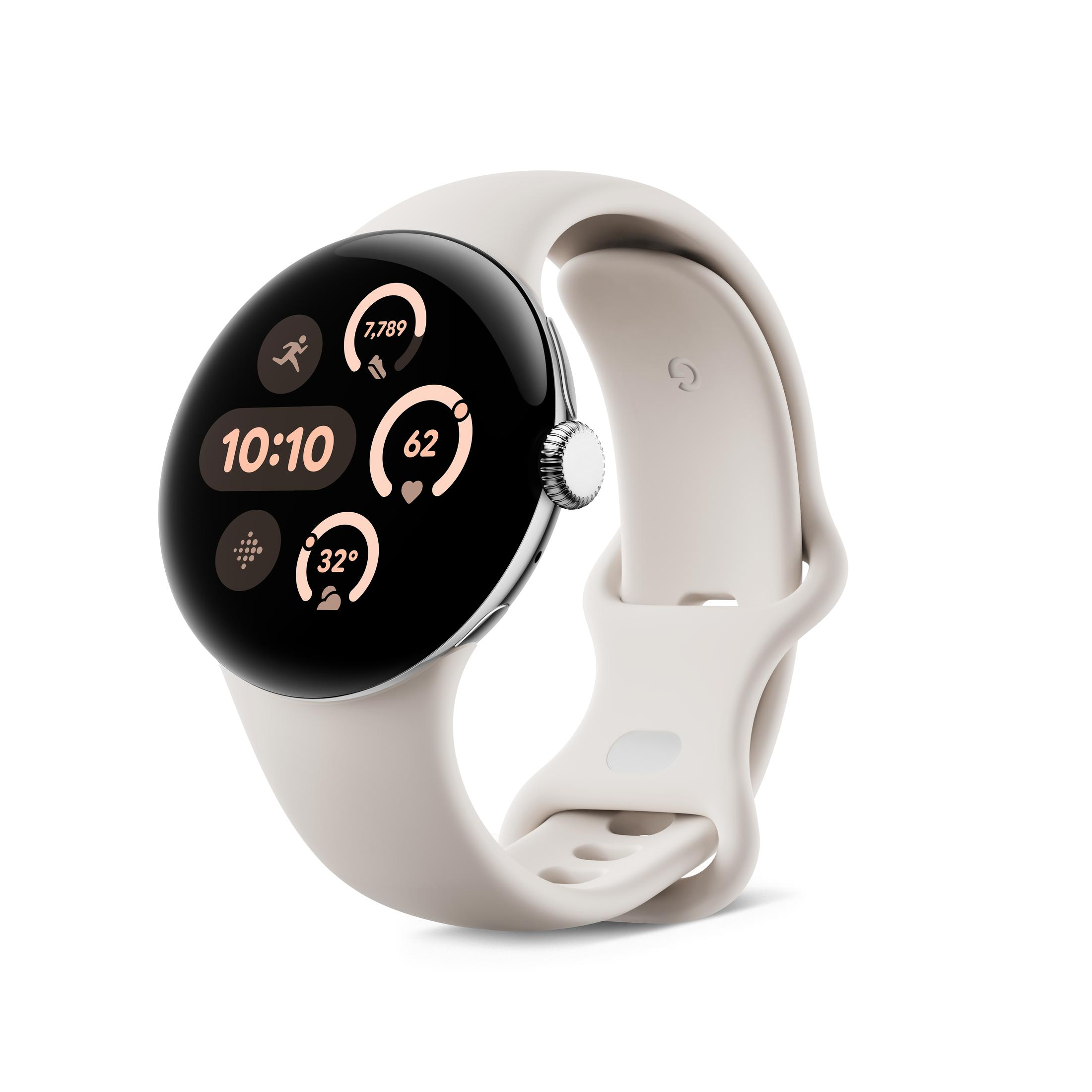 Biały smartwatch z okrągłym ekranem, wyświetlający czas i dane zdrowotne, na białej powierzchni.