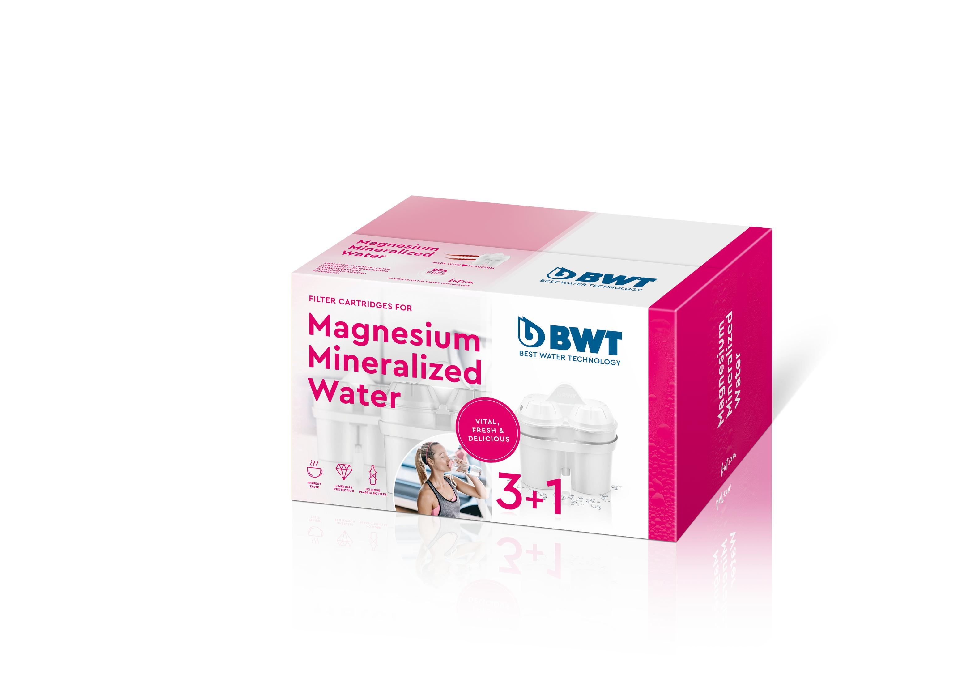 Karton mit BWT Magnesium Mineralized Water Filterkartuschen. Weißer Hintergrund.