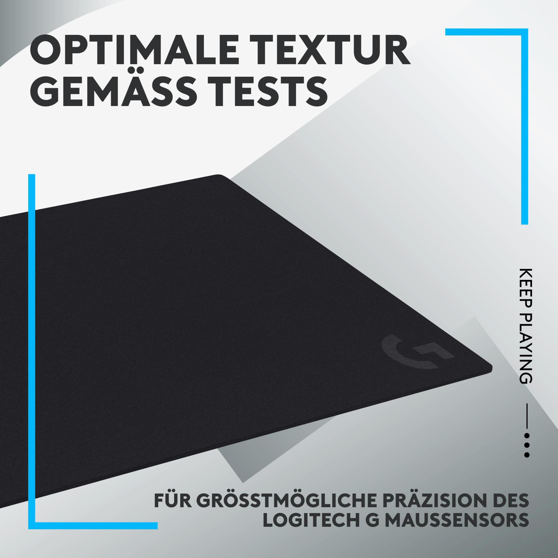 Czarna podkładka pod mysz z logo Logitech i tekstem po niemiecku. Niebieskie linie obrysowują.