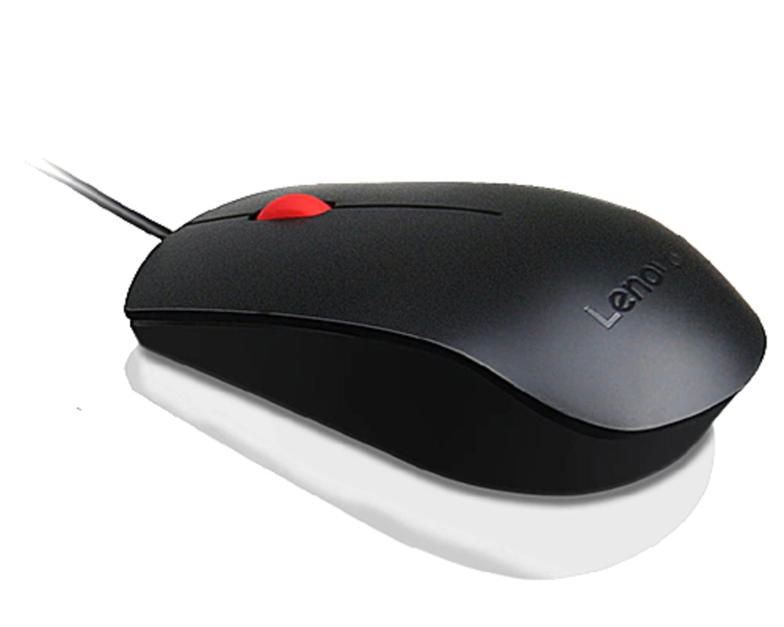 Czarna mysz Lenovo z czerwonym kółkiem przewijania. Umieszczona na białej powierzchni. Czarny kabel.