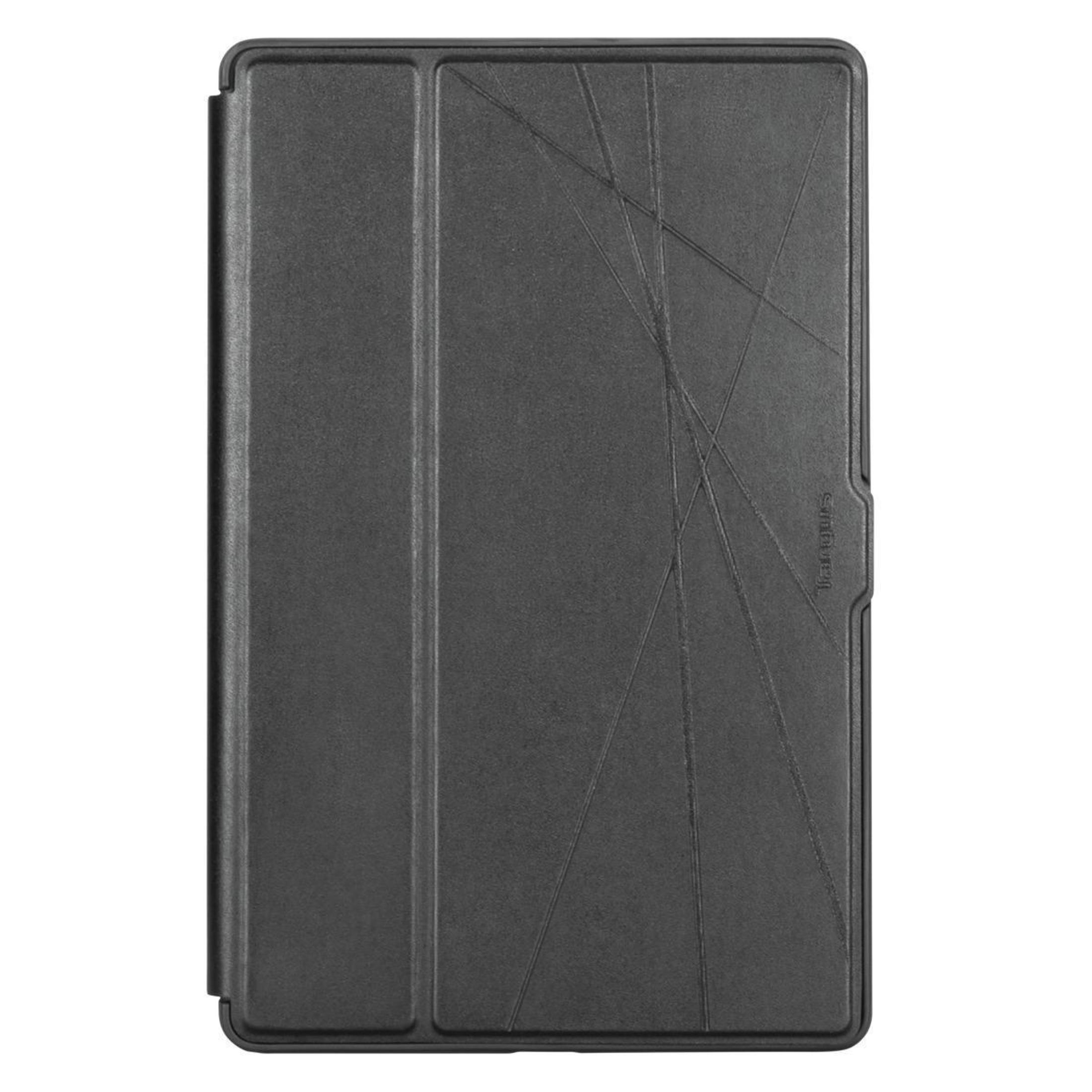 Schwarze Tablet-Hülle, geschlossen. Die Hülle hat eine strukturierte Oberfläche und ein minimalistisches Design.
