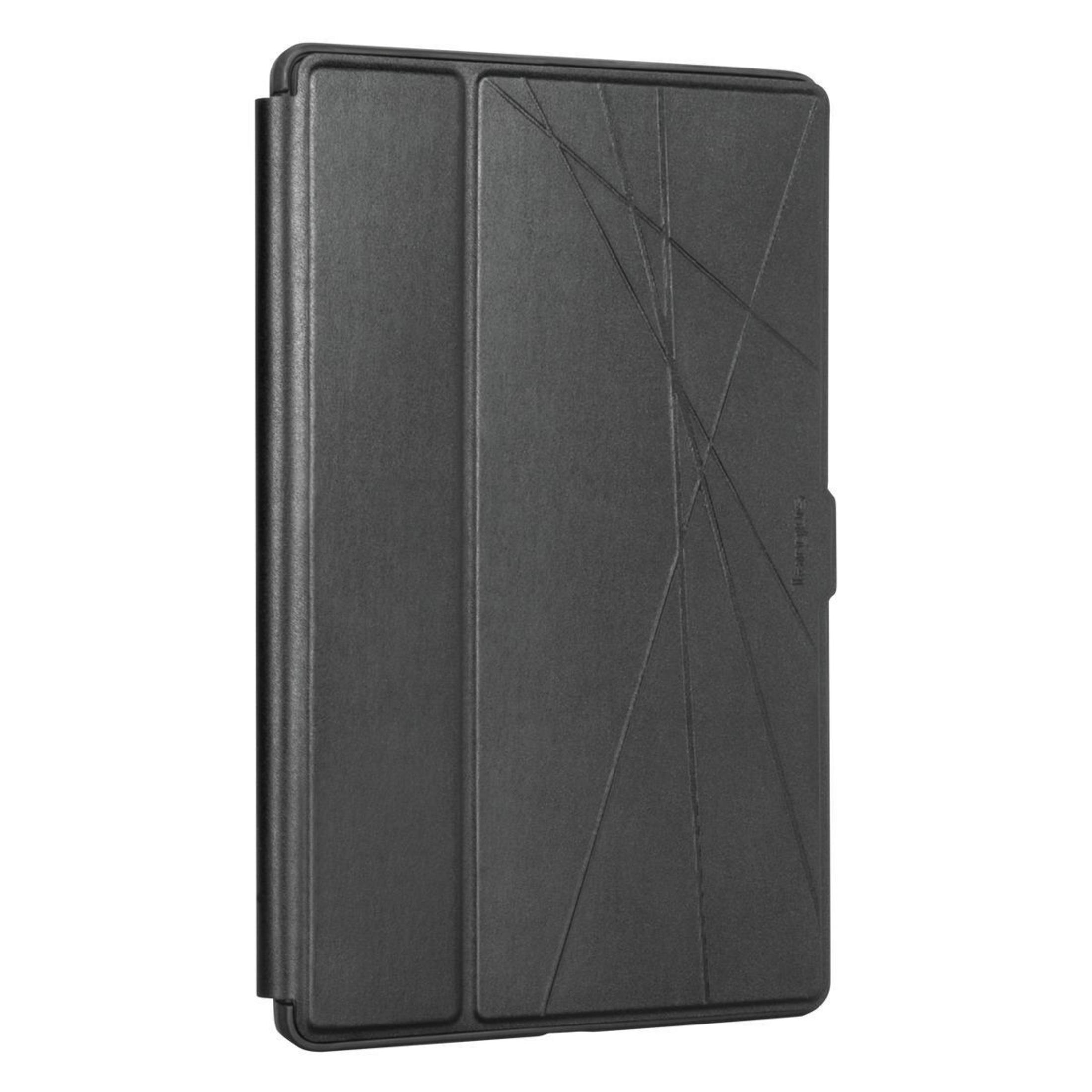 Eine schwarze Tablethülle. Sie ist geschlossen. Auf der Vorderseite befindet sich ein geometrisches Muster.