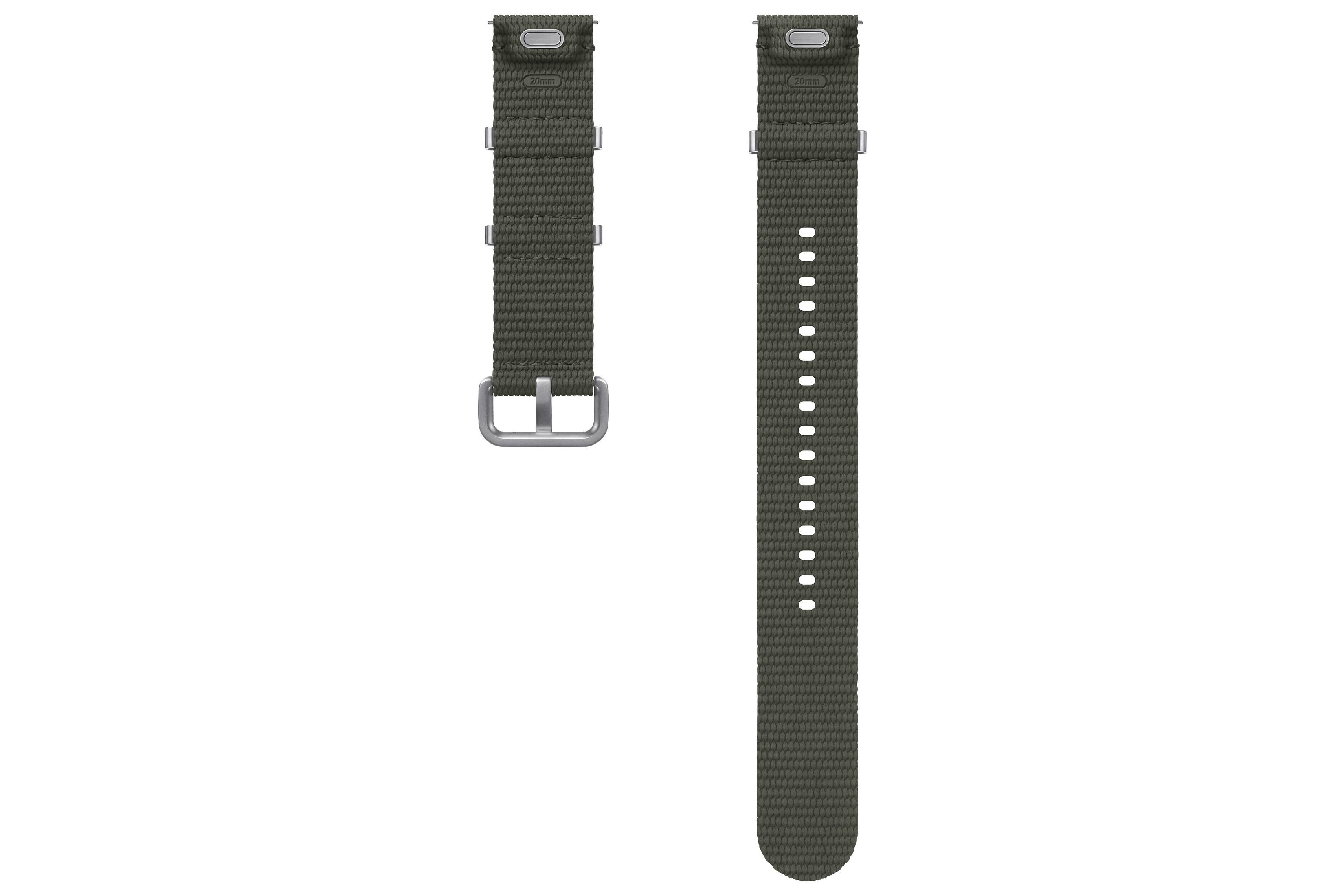 Correa de reloj verde. Dos partes visibles, una con agujeros y otra con hebilla.