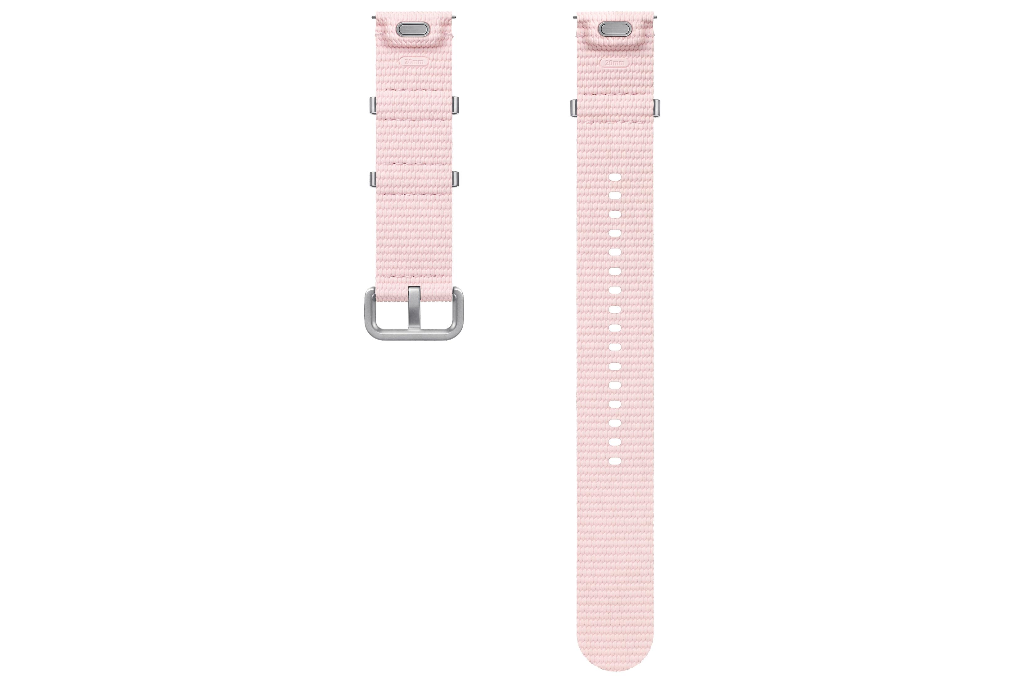 Dos correas de reloj rosas, una con hebilla y la otra con agujeros para el pasador del reloj.