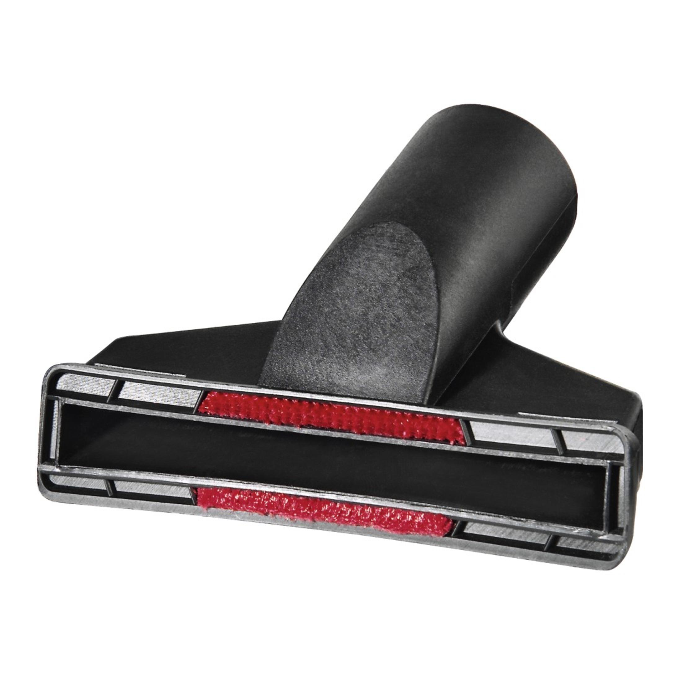 Accessorio per aspirapolvere nero con setole rosse. Vista angolata, sfondo bianco.